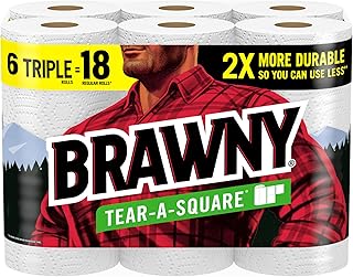 Brawny Tear-A-Square Paper Towels, 6 Triple Rolls = 18 Regular Rolls, 3 Sheet Sizes (Quarter, Half, Full), Strength for All Messes, Cleanups, and Meal Prep