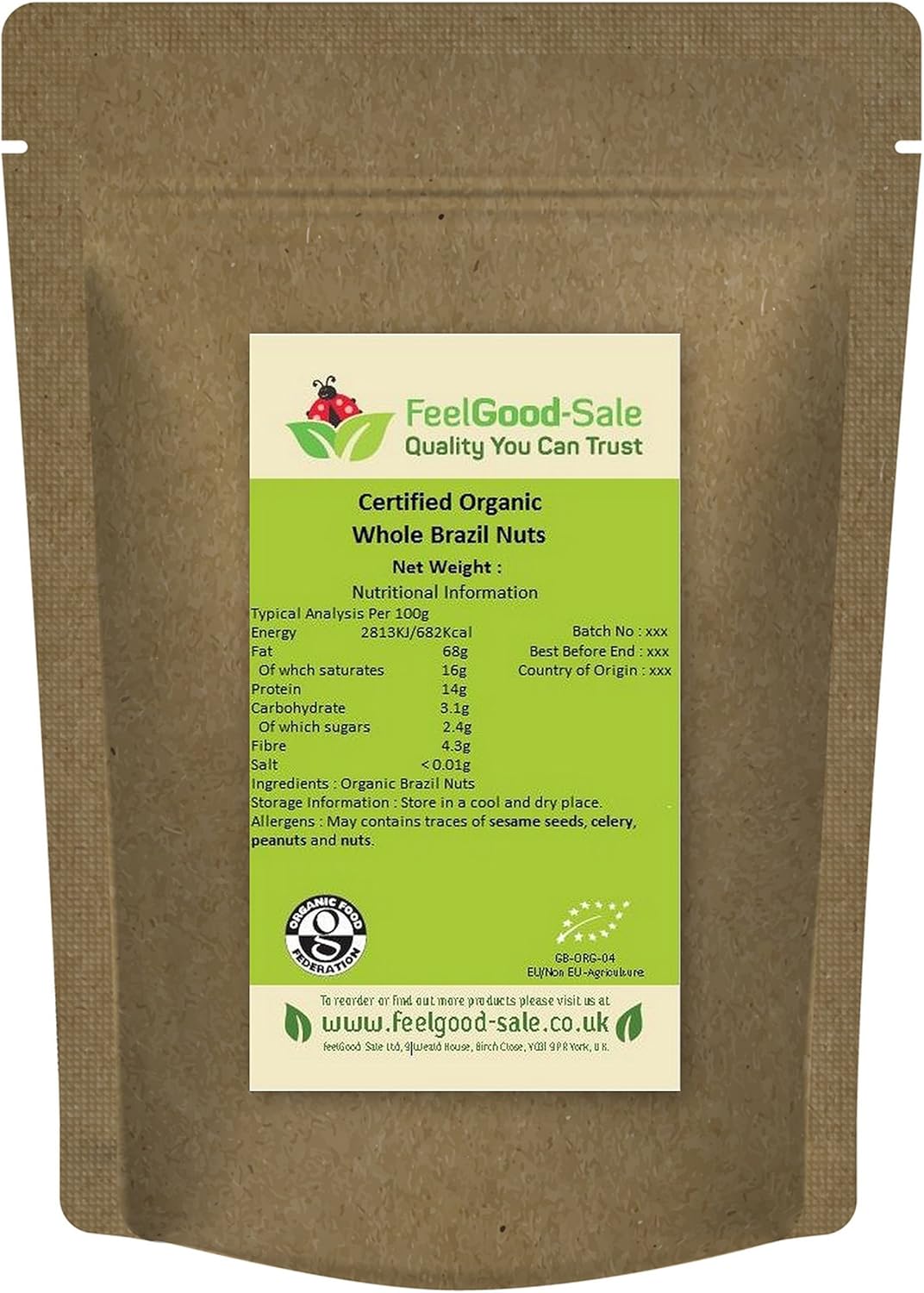 1kg Organic Brazil Nuts Certified Whole (FeelGood-Sale Brand)