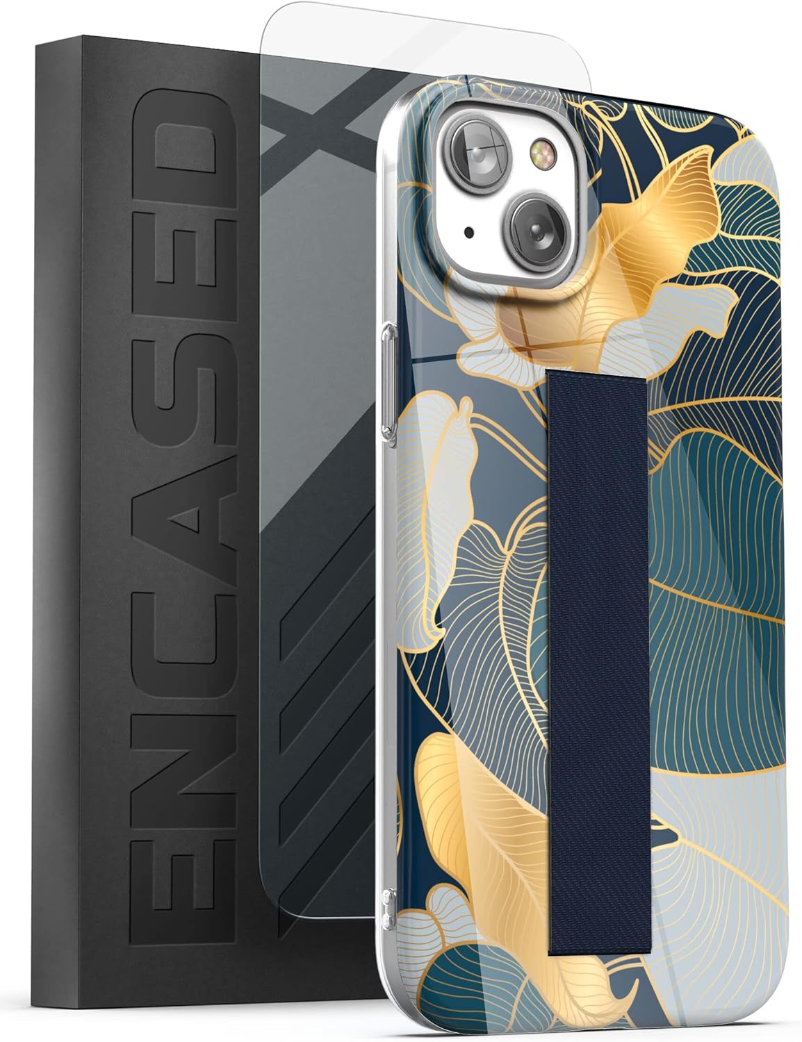 Encased Hand Loop Case for iPhone 14 PLUS with Strap and Tempered Screen Protector (Blue Gold Leaf)