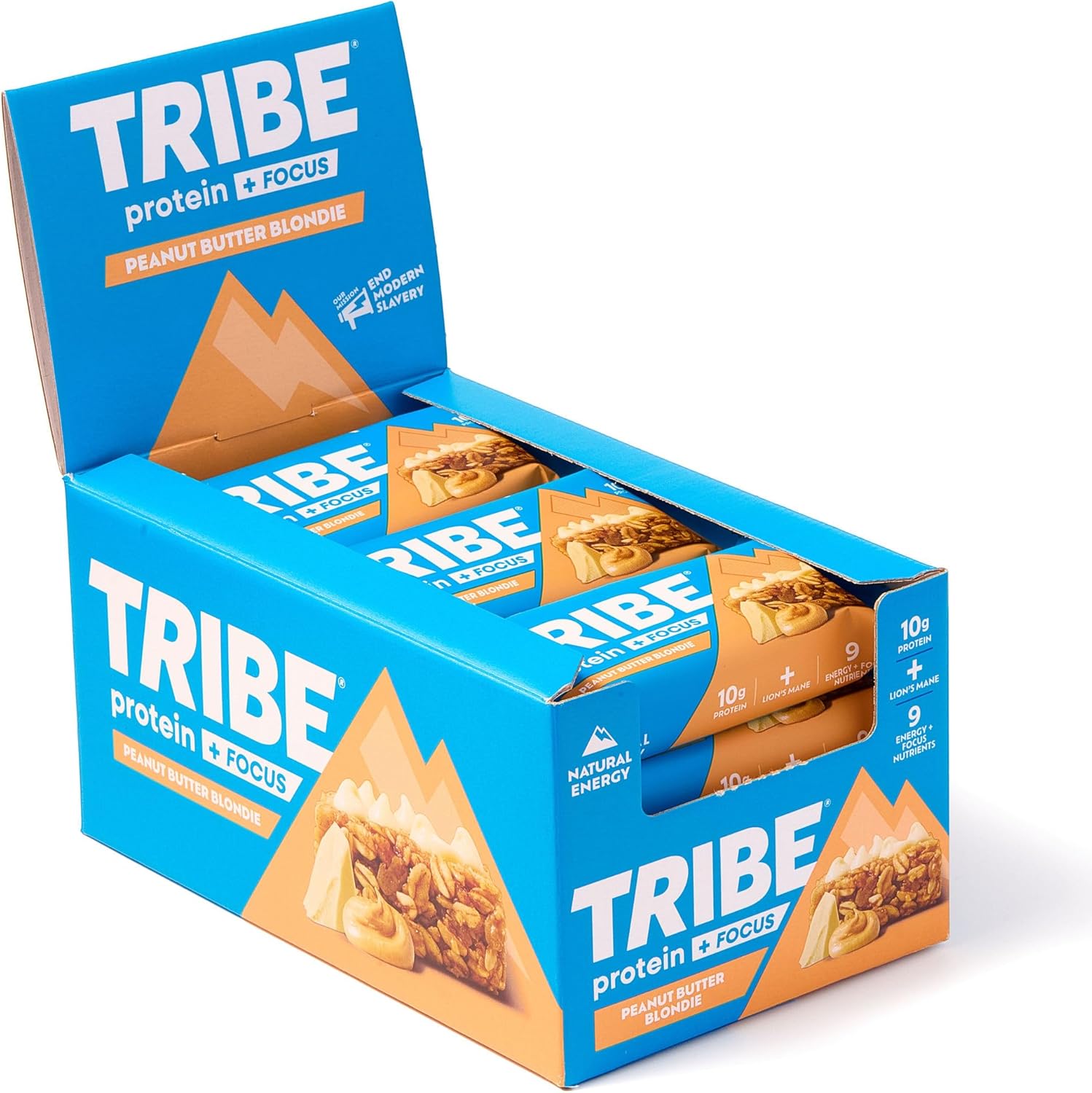 TRIBE Protein + Focus Bar - Peanut Butter Blondie - 10g Protein, 9 Energy & Focus Nutrients, Lions Mane, Plant Based, Vegan Snack & Gluten Free (60g x 12 Bars)