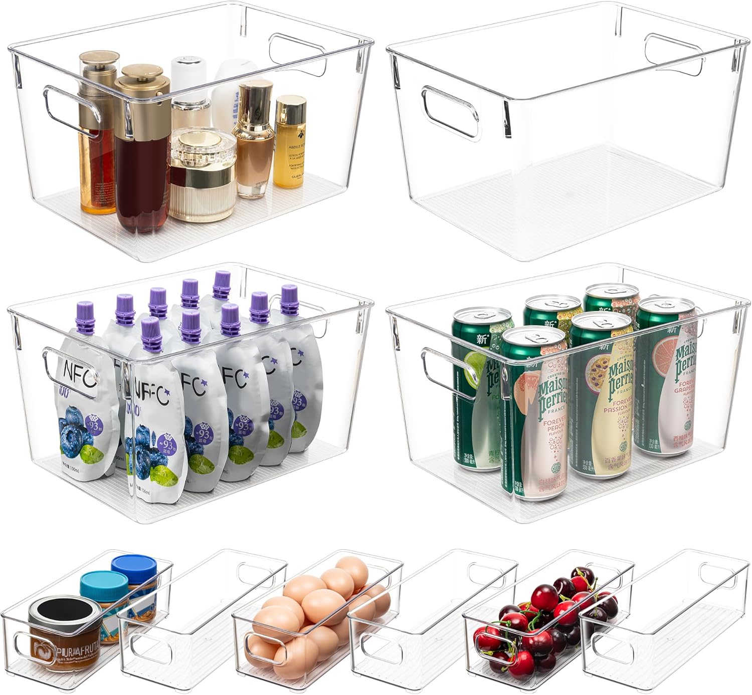 Tiawudi Clear Plastic Storage Bins, 4 Large and 6 Small Stackable Storage Containers for Pantry Organization, Organizer Bins for Home, Kitchen, Bathroom, Office, Cabinet Shelf Organizers, Set of 10