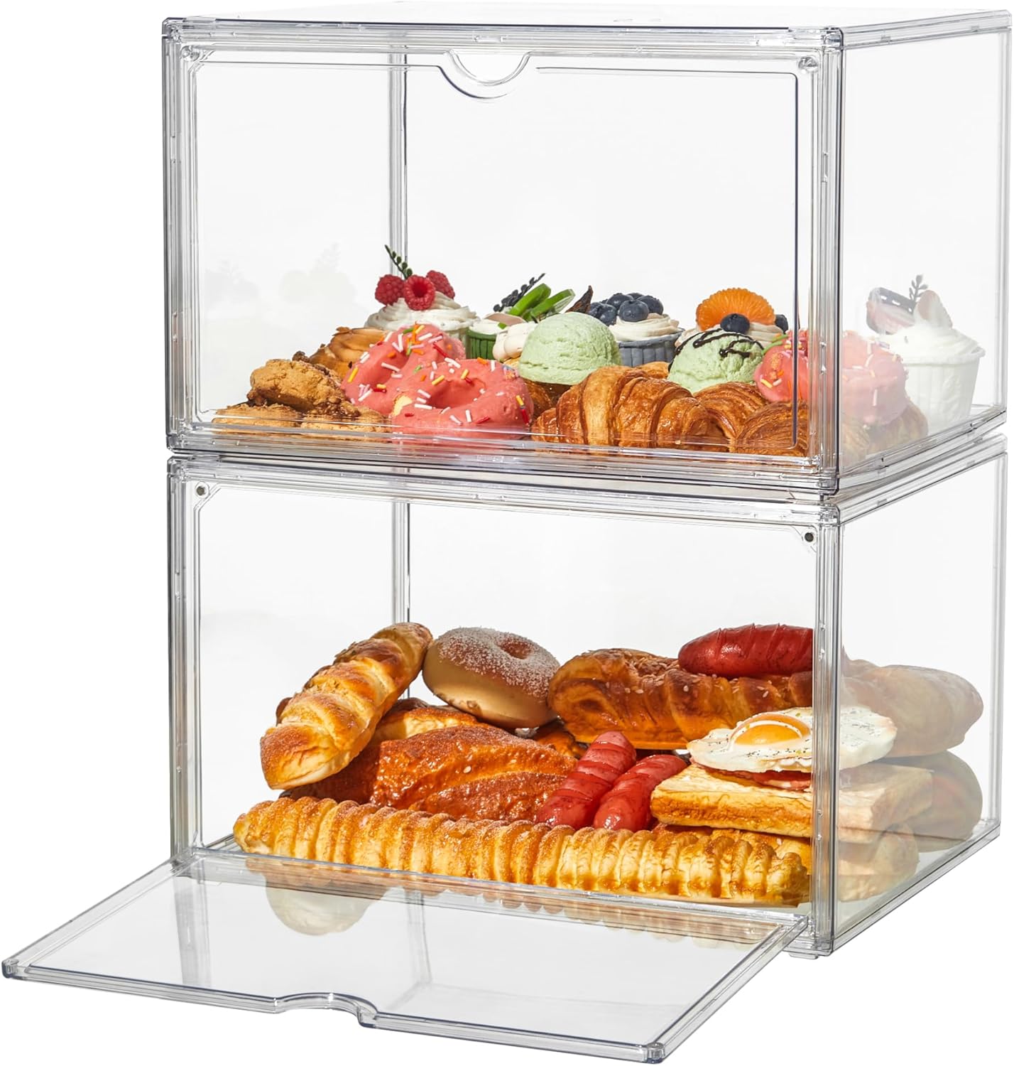 2 Pcs Bread Boxes for Kitchen Countertop, Large Bread Storage Container Stackable Bread Keeper for Bread, Bagel, Muffins