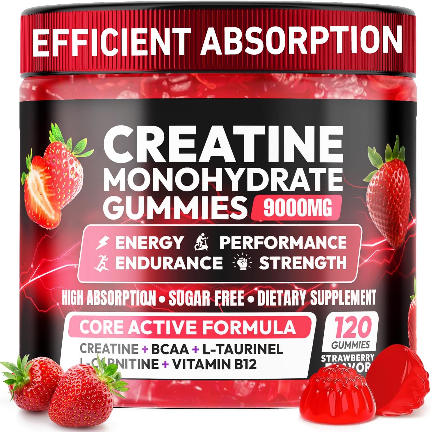 Creatine Gummies Monohydrate Complex 9000MG, Chewable Creatine Monohydrate Gummies for Men & Women with L-Taurine, BCAA 2:1, B12/6, Building Muscle Strength and Boost Focus, 30 Days Supply