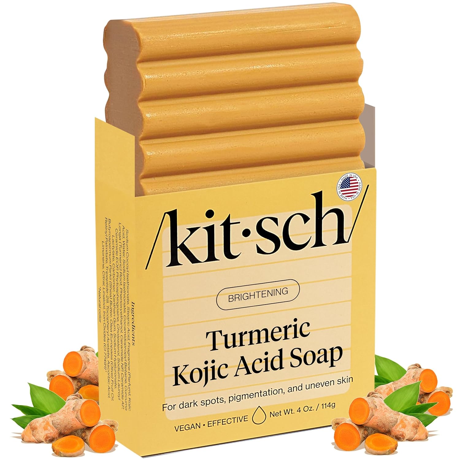 Kitsch Kojic Acid Soap - Brightening & Hydrating Kojic with Turmeric Soap Bar - Reduces Dark Spots, Evens Skin Tone, With Hyaluronic Acid & Shea Butter, Paraben & Sulfate-Free - 4oz, Made in USA