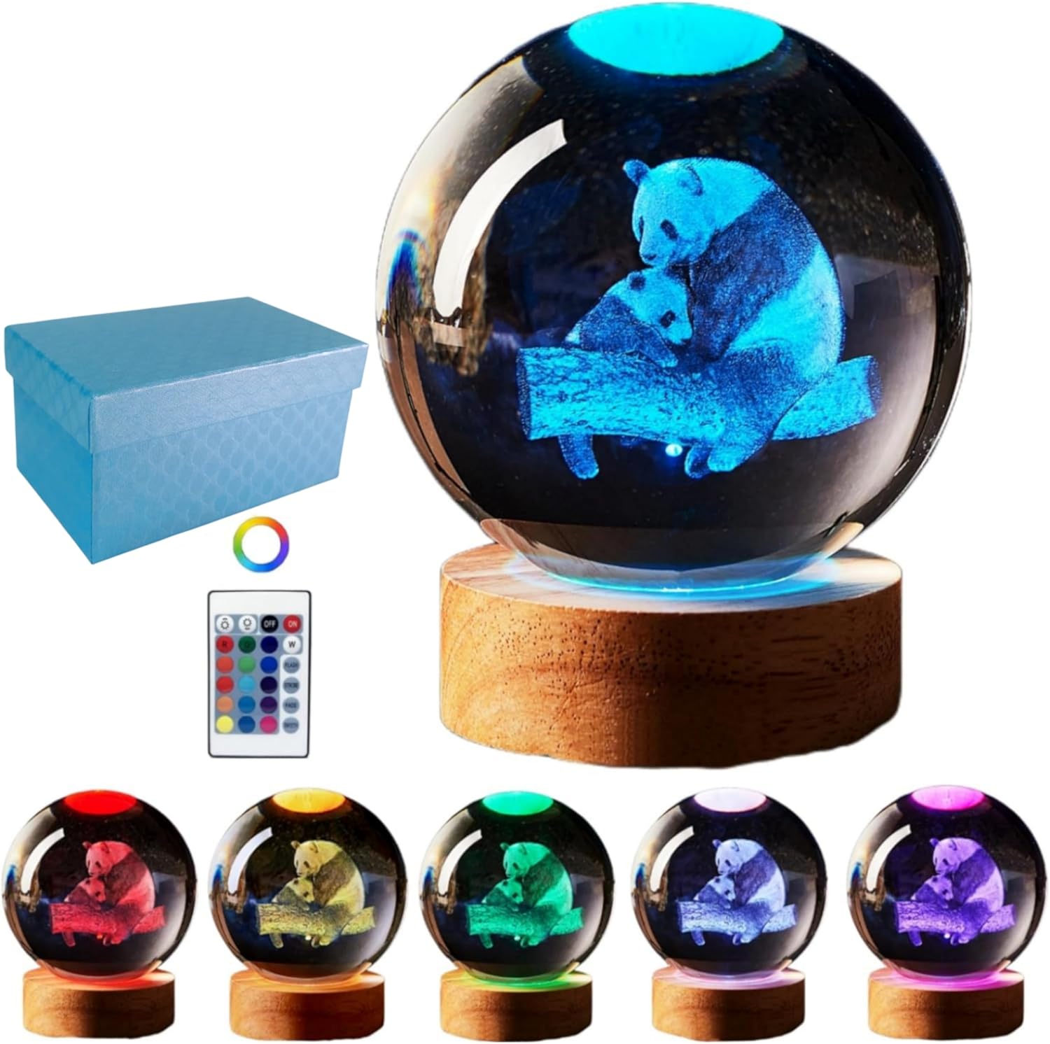 Panda Crystal Ball Night Light, 3.15 Inch 3D Lamp With LED Wooden Base, 16 Colors Change With Remote Control, Gift Box Packing, Toy Gifts Ideas for Friends