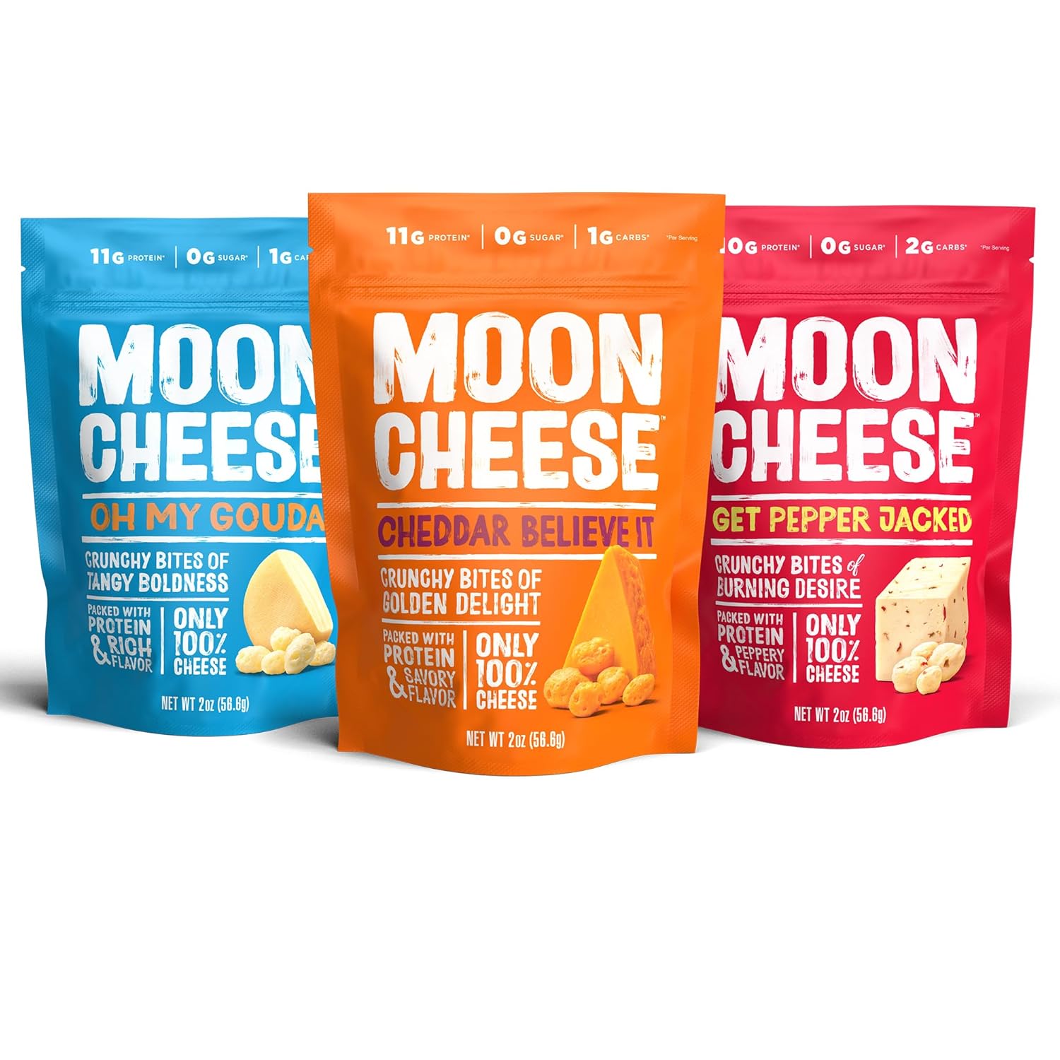 Moon Cheese Variety Pack, Cheddar, Gouda & Pepper Jack, Crunchy, Protein-Rich Cheese Snack, Gluten Free, Keto Friendly, 100% Real Cheese, 2 Ounce (Pack of 3)