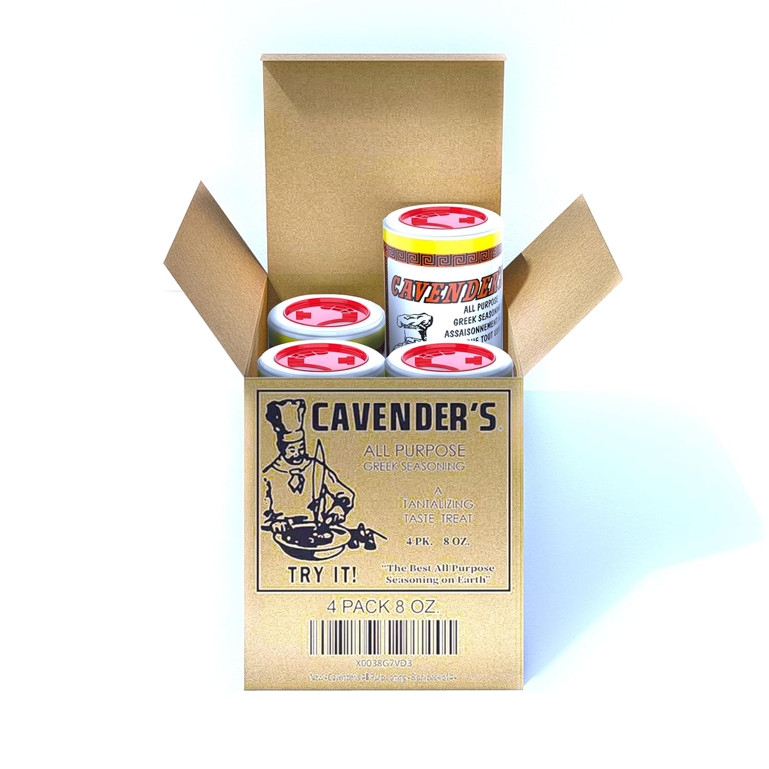 Cavender's All Purpose Greek Seasoning - 8 oz (pack of 4) and exclusive Cavender's Recipe 4 Pack box!
