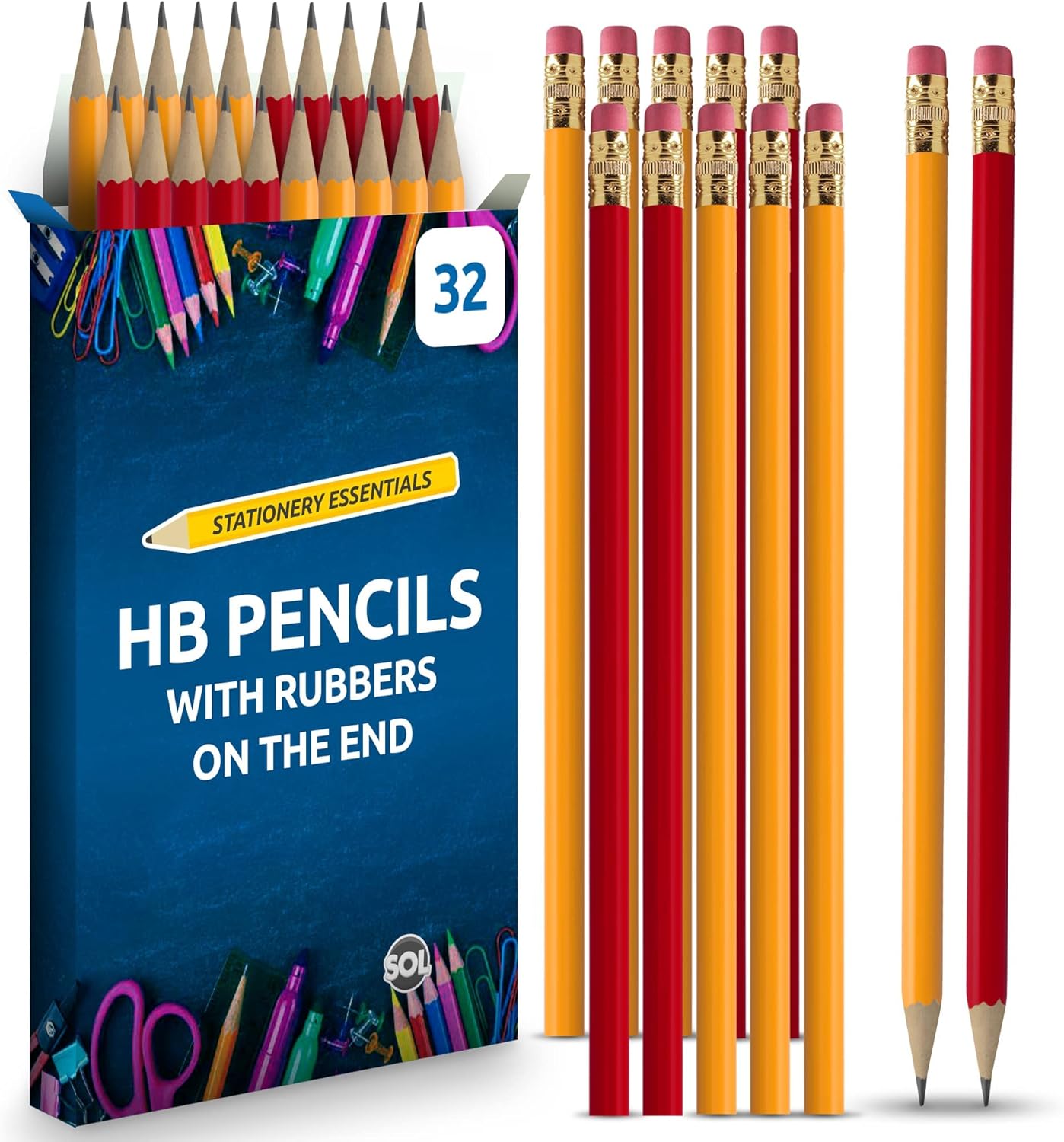 SOL 32pk HB Pencils with Rubbers on the End, Durable Lead for Smooth Writing & Drawing, Eraser-Tipped Design, Perfect for School, Office, Art Projects, Sketching, Everyday Use, Great for Kids & Adults