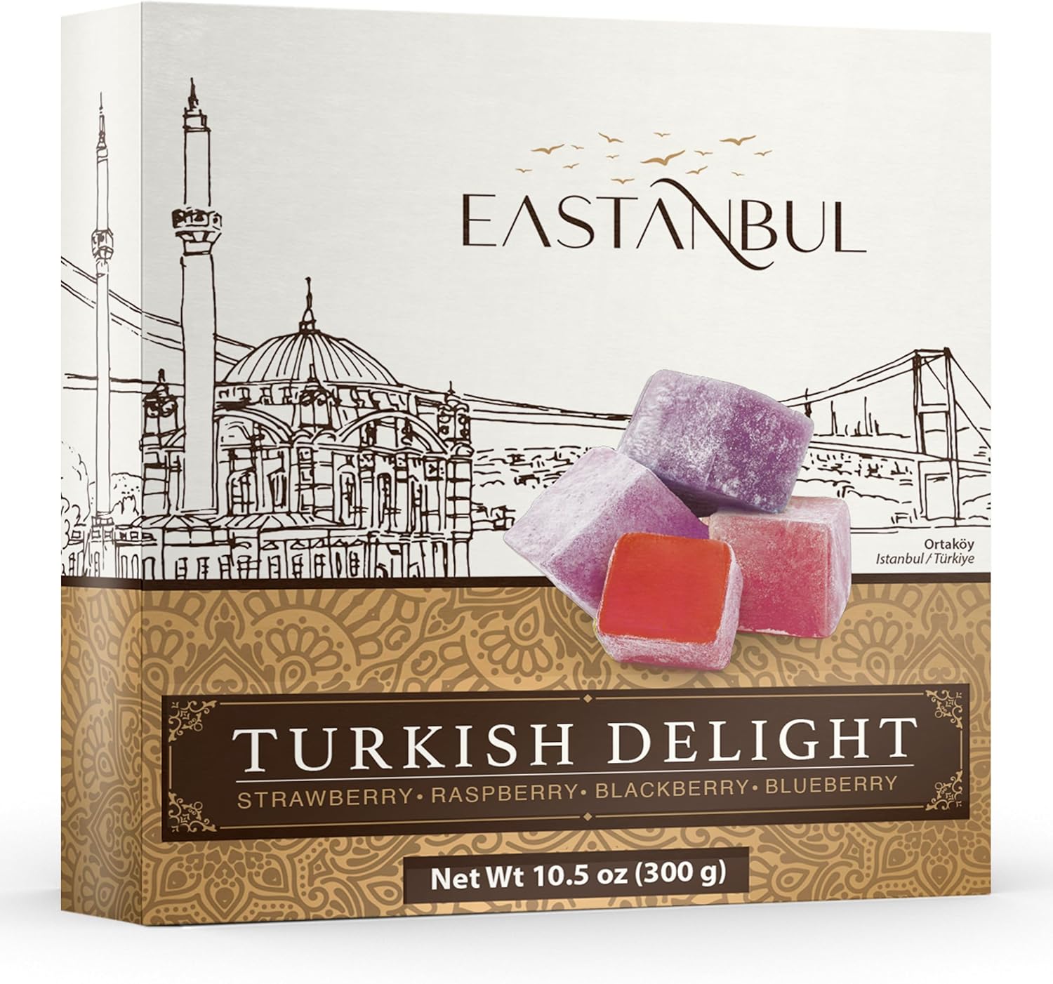 Eastanbul Turkish Delight, 300g, Turkish Delights Candy Assorted Strawberry, Blackberry, Raspberry & Blueberry Flavor, International Candy, Lokum, Plain, Gluten Free, No Synthetic Ingredient, Vegan
