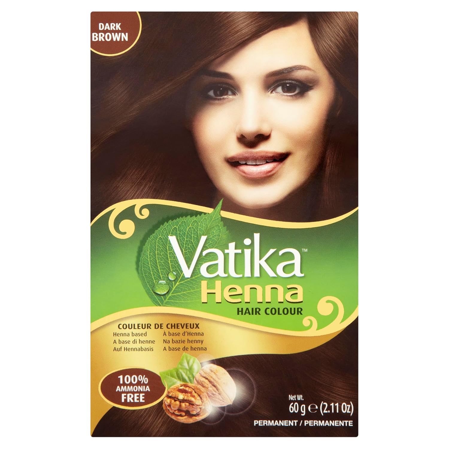Dabur Henna Hair Color - Dark Brown, Henna Hair Dye and Conditioner, Ammonia Free, 100% Grey Coverage, 6 Sachets X 10g