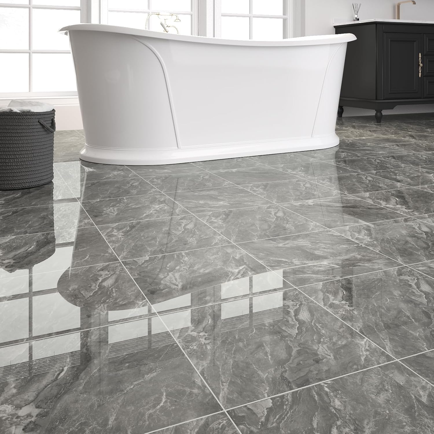 20-Pack 20 Sq.Ft Peel and Stick Floor Tiles Vinyl Glossy Pattern Flooring, 12” x 12” Self Adhesive Vinyl Flooring DIY for Kitchen, Bathroom, Laundry, Polish Dark Grey Marble