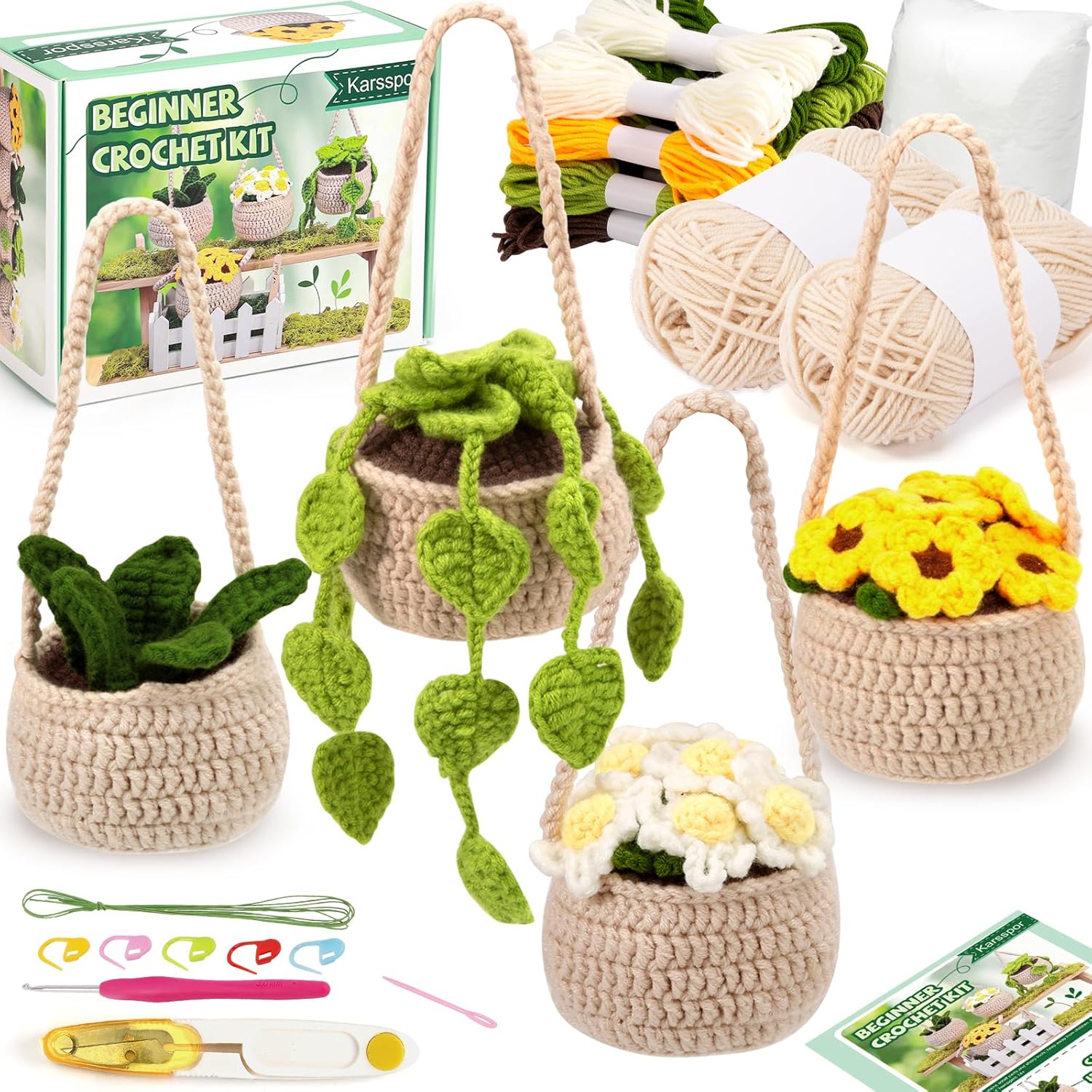 Karsspor Crochet Kit for Beginners - 4 PCS Hanging Potted Plants, Beginner Crochet Kit for Adults with Easy to Follow Tutorials (Patent Product)