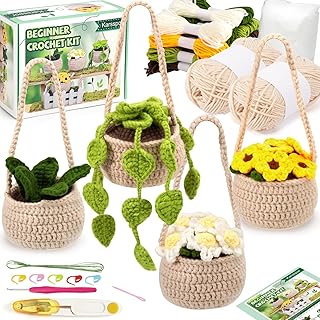 Karsspor Crochet Kit for Beginners - 4 PCS Hanging Potted Plants, Beginner Crochet Kit for Adults with Easy to Follow Tutorials (Patent Product)