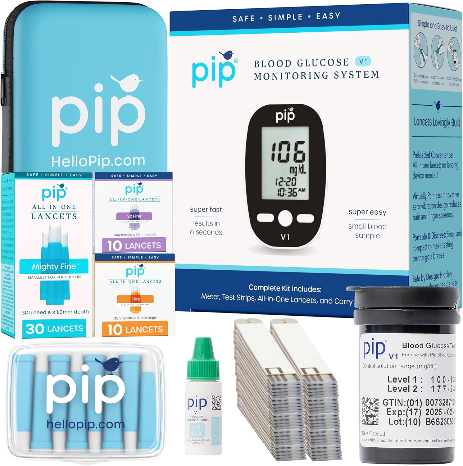 Pip Blood Glucose Monitor Kit - Preloaded Lancets, No Lancing Device Needed - Virtually Painless Fingersticks - Includes Glucometer, 50 Blood Sugar Test Strips, 50 All-in-One Lancets, Travel Case