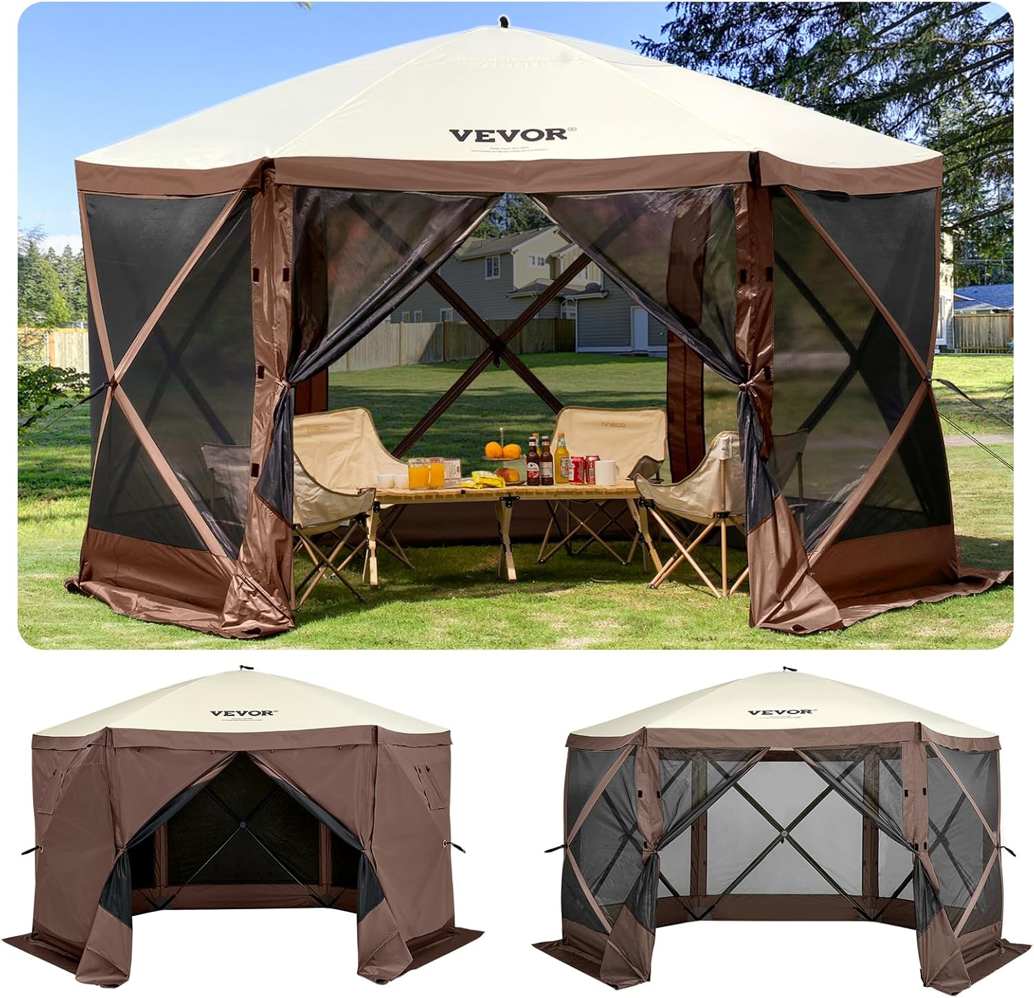 VEVOR Pop Up Gazebo Screen Tent, Pavilion Gazebo Tent, 11.5 x 11.5 ft 6-Sided Camping Instant Canopy Sun Shelter with 6 Removable Privacy Wind Cloths, Mosquito Netting, for Patio, Backyard, Lawn
