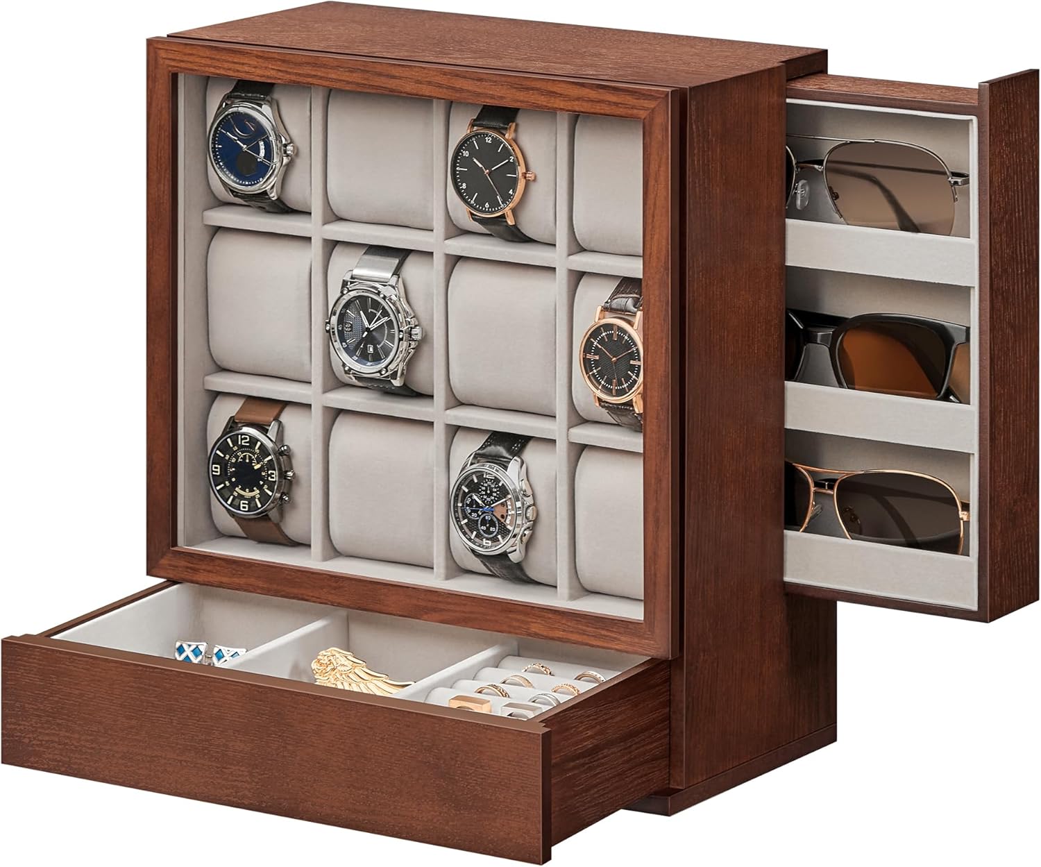 SONGMICS 12-Slot Wooden Watch Box, Watch Display Case with Window, Watch Display Cabinet with Solid Wood Veneer, Vertical Storage, Space Saving, Gift Idea, Coffee Brown JOW014K01