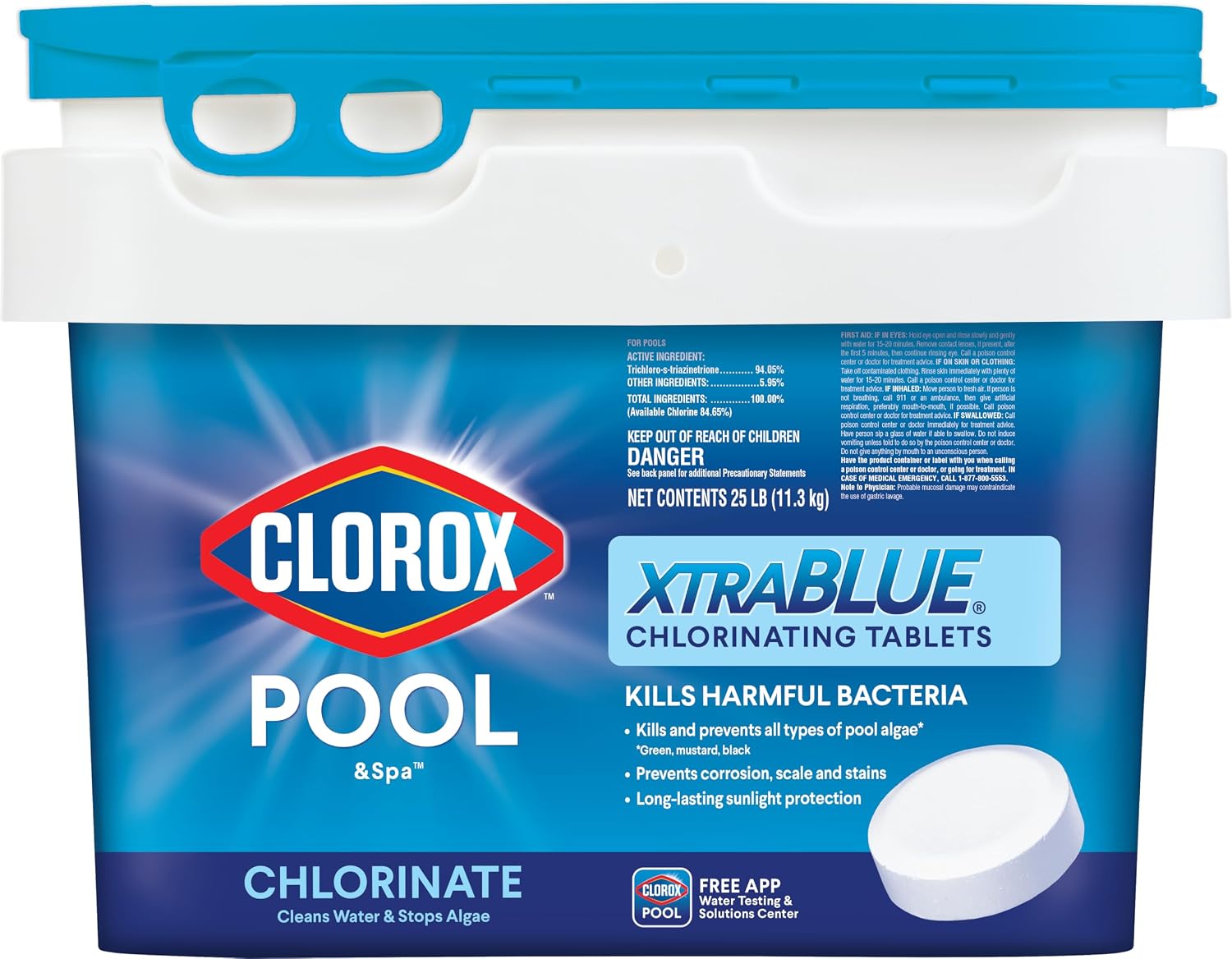 Clorox® Pool&Spa™ XtraBlue 3” Swimming Pool Chlorinating Tablets, Kills Bacteria & Stops Algae (25 LB)