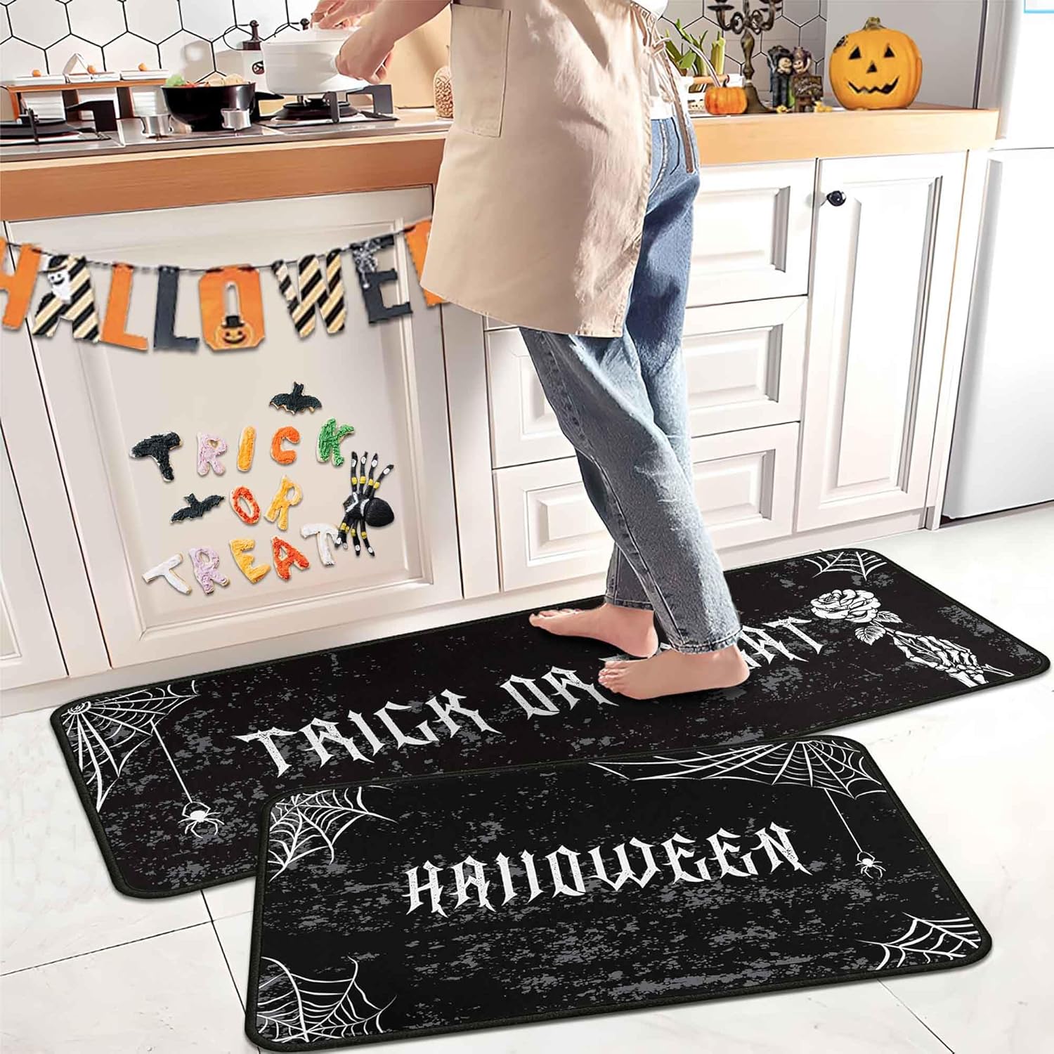 Halloweeen Kitchen Rugs and Mats Set of 2, Trick Or Treat Kitchen Mat,Spider Web Halloween Farmhouse Party Floor Mat for Home Kitchen Decorations 17" x47"+17"x30"