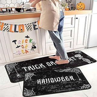 Halloweeen Kitchen Rugs and Mats Set of 2, Trick Or Treat Kitchen Mat,Spider Web Halloween Farmhouse Party Floor Mat for Home Kitchen Decorations 17" x47"+17"x30"