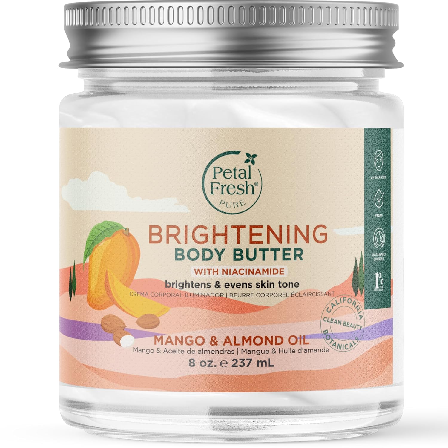 Petal Fresh Pure Brightening Mango & Almond Oil Body Butter with Niacinamide, Shea Butter, Promotes Collagen, For All Skin Types, Vegan and Cruelty Free, Non-Greasy, 8 oz – MADE IN USA