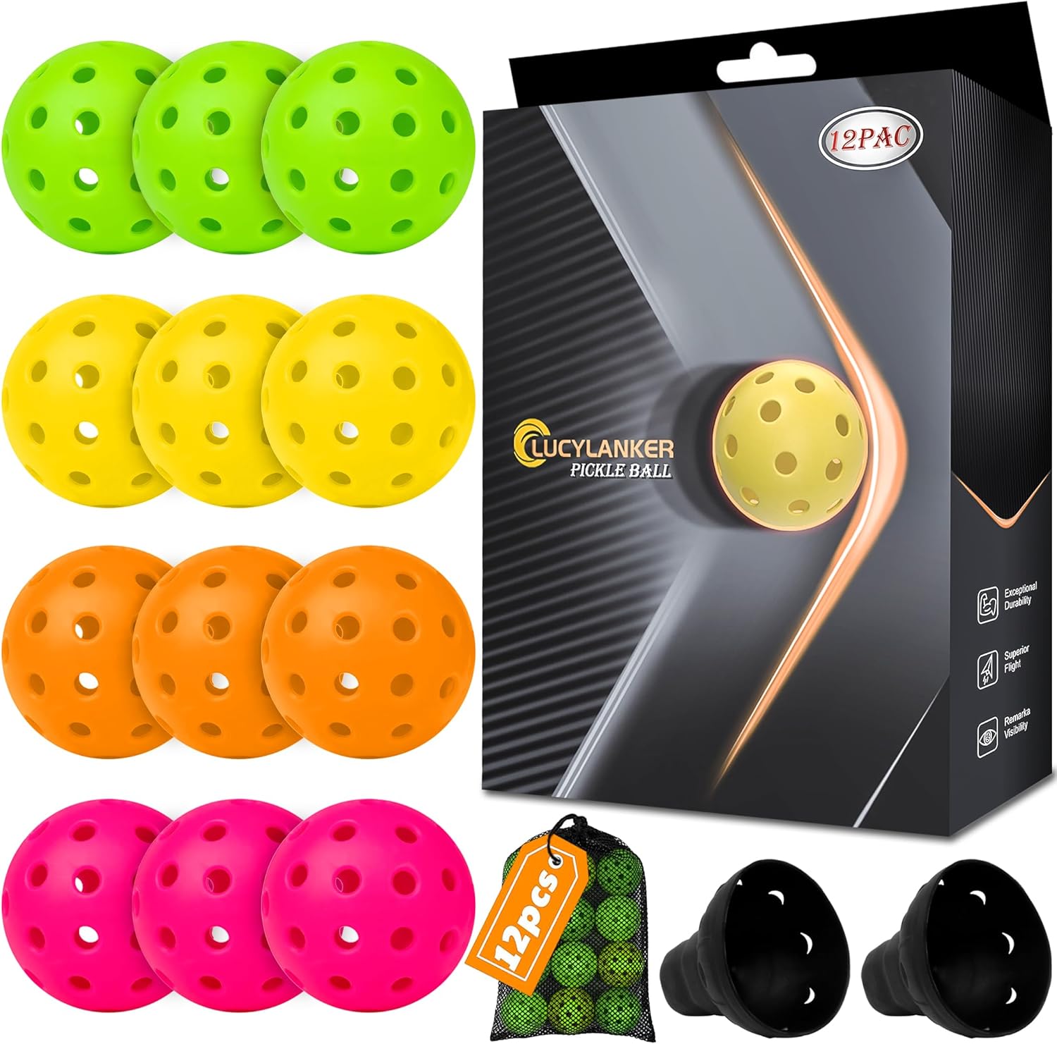 LUCYLANKER Outdoor Pickleball Balls, 40 Holes Pickle Balls with Mesh Bag & 2 Ball Retrievers, USAPA High Bounce & Durable Pickleball for All Style Pickleball Paddle & Court