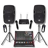 MUSYSIC Portable PA System with 2000W Amp & Wireless UHF Microphone System. 6 Ch Audio Mixer with Multiple Inputs. pa system with wireless microphone and speakers, Complete w/Stands - 10" Speaker 800W