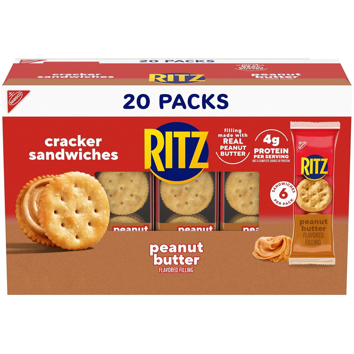 RITZ Peanut Butter Sandwich Crackers, 4g Protein, 20 Snack Packs