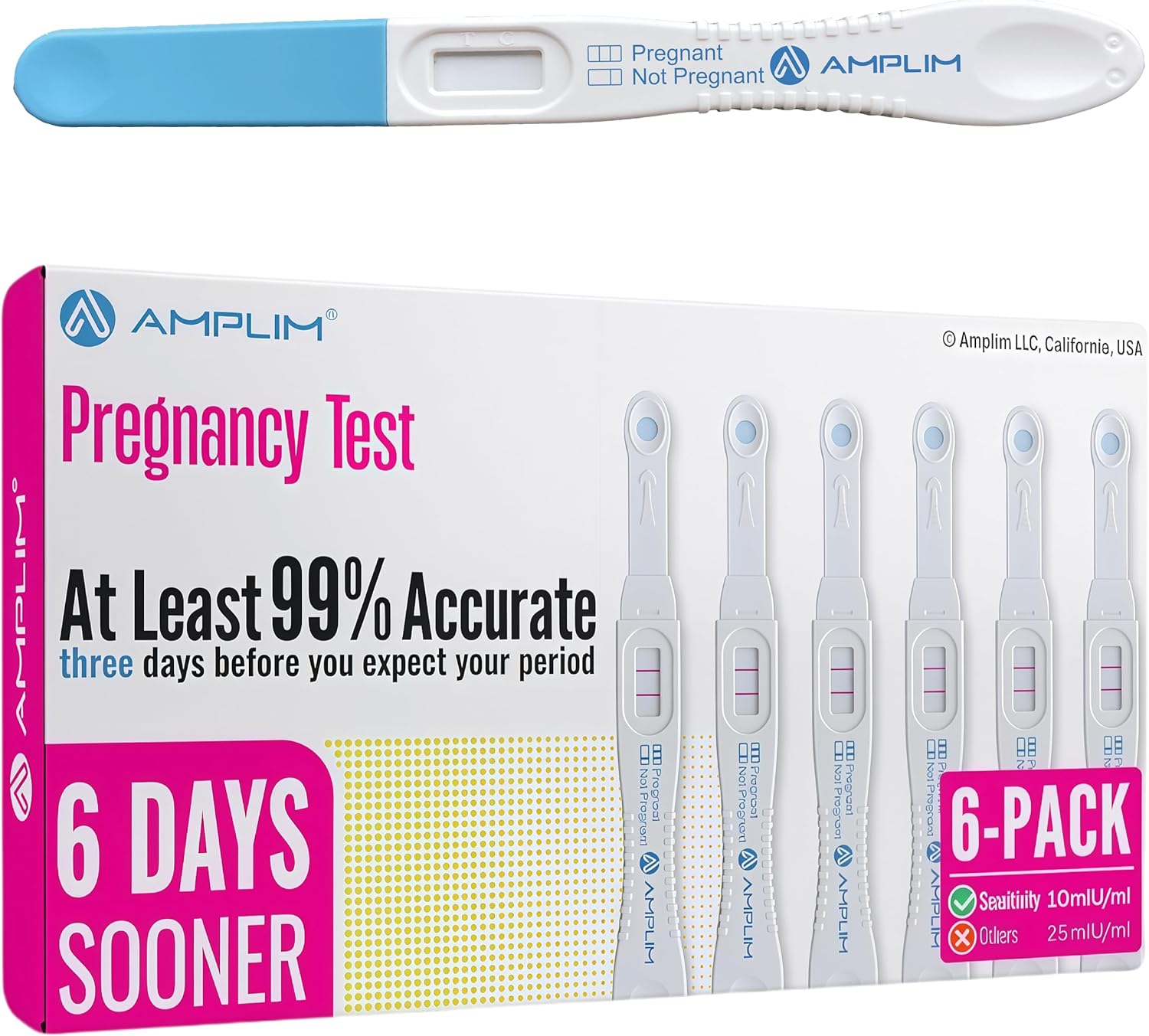 Amplim Pregnancy Test 6 Pack – Early Detection HCG Urine Test for Women, High 10mIU/mL Sensitivity, 99.9% Accurate, Rapid Home Midstream Test, Clear Results, Easy to Use, Reliable & FSA HSA Eligible