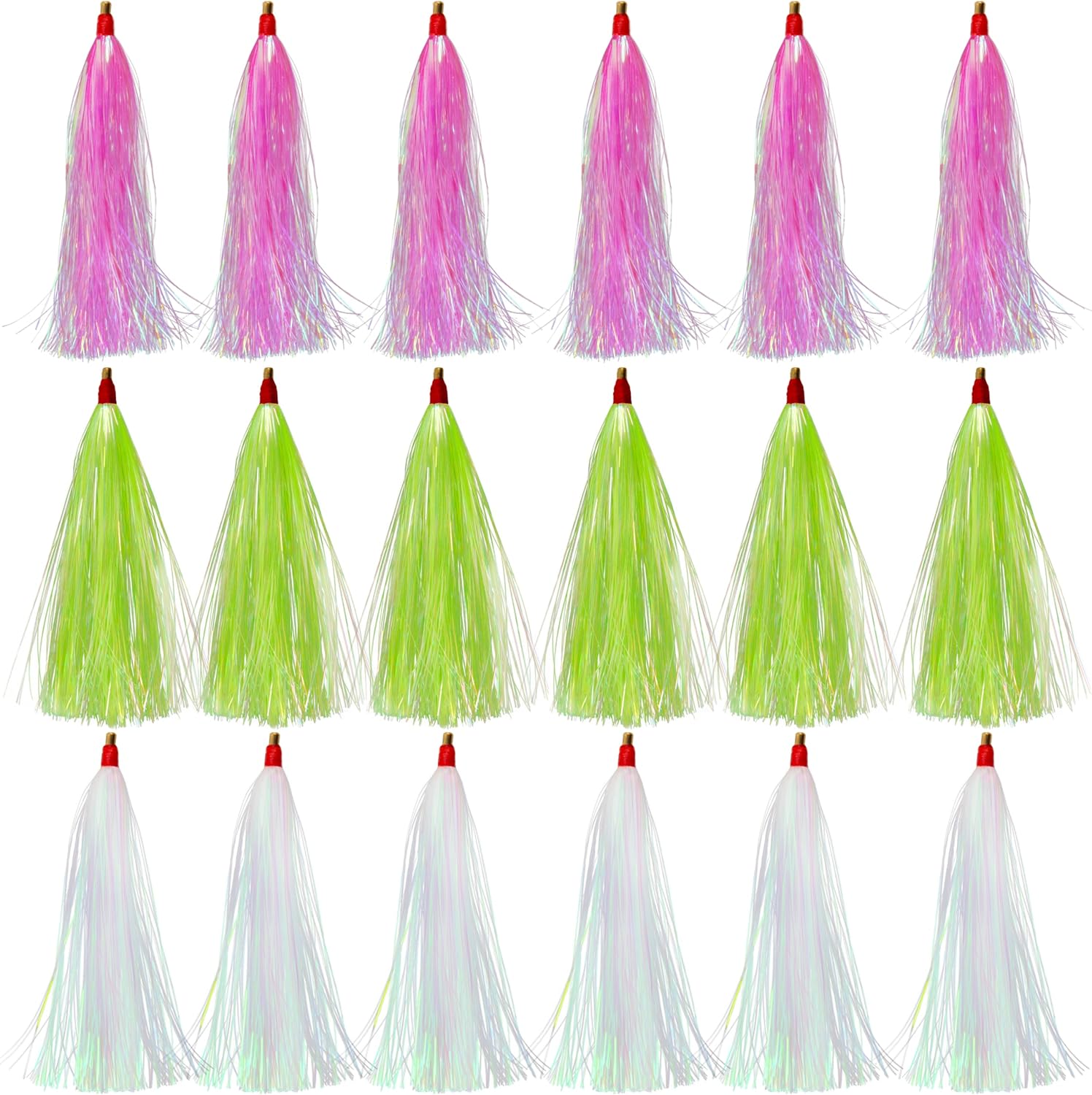 OROOTL Fishing Teasers, 18pcs Mylar Flash Bucktail Teaser Trolling Skirt Lure Tail for Saltwater Fishing Flounder Rigs Cod Sea Bass Wahoo