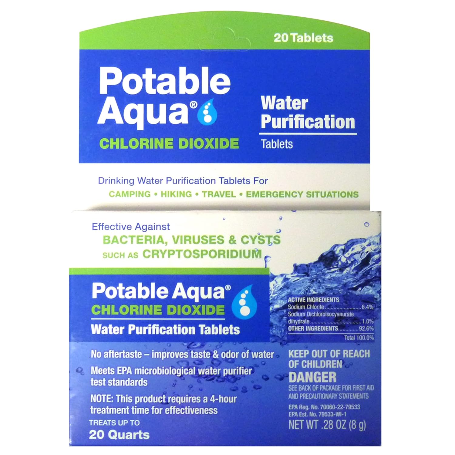 Potable Aqua Chlorine Dioxide Water Purification Tablets - 20 Count