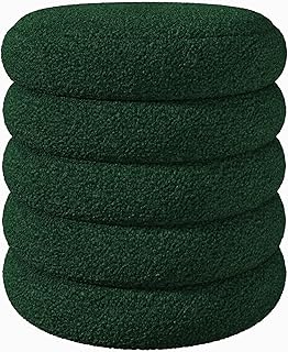 Ottoman with Storage, Round Ottoman for Dorm, Small Storage Foot Stool with Soft Cushion Cover, Upholstered Vanity Chairs for Makeup, Living Room, Bedroom, Boucle (Green)