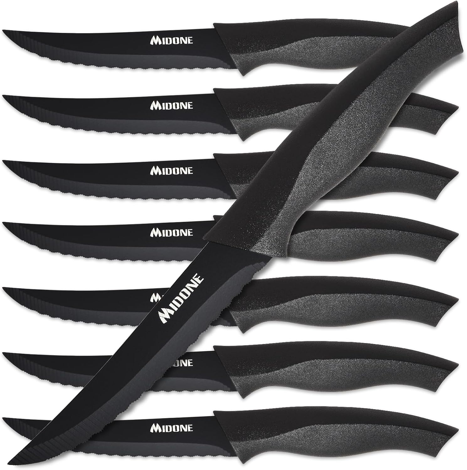 MIDONE 8 Pcs Steak Knives, Steak Knives Set of 8, High-Carbon Stainless Steel Steak Knife Set, Ergonomic Handles Serrated Steak Knives for Precise Cutting, Elegant Black