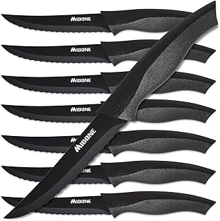 MIDONE 8 Pcs Steak Knives, Steak Knives Set of 8, High-Carbon Stainless Steel Steak Knife Set, Ergonomic Handles Serrated Steak Knives for Precise Cutting, Elegant Black