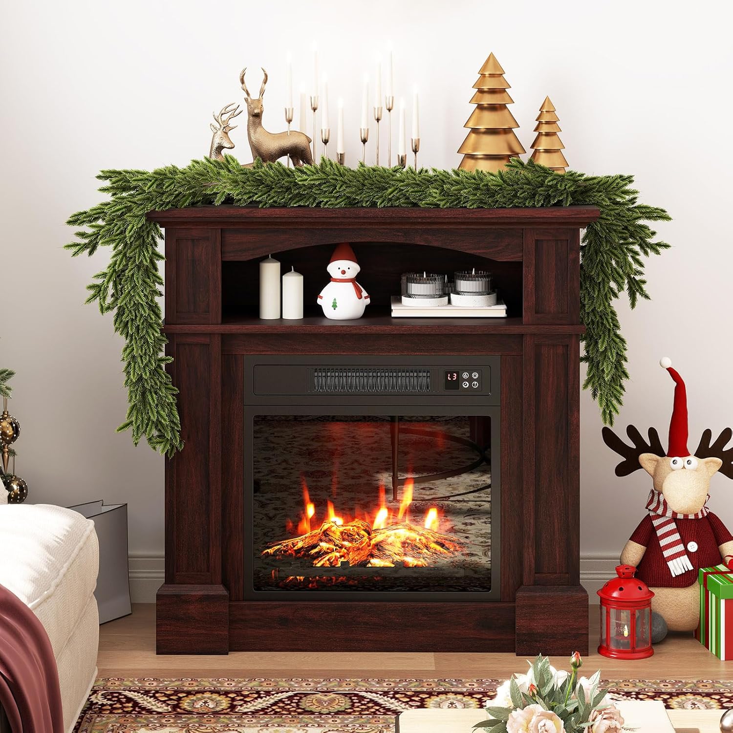 ORALNER 32” Electric Fireplace with Mantel, Freestanding Package Wooden Firebox Surround 18”Fireplace Insert Heater w/ 3 Flame Effects, Remote & 6H Timer, Overheat Protection, 1400W (Brown)