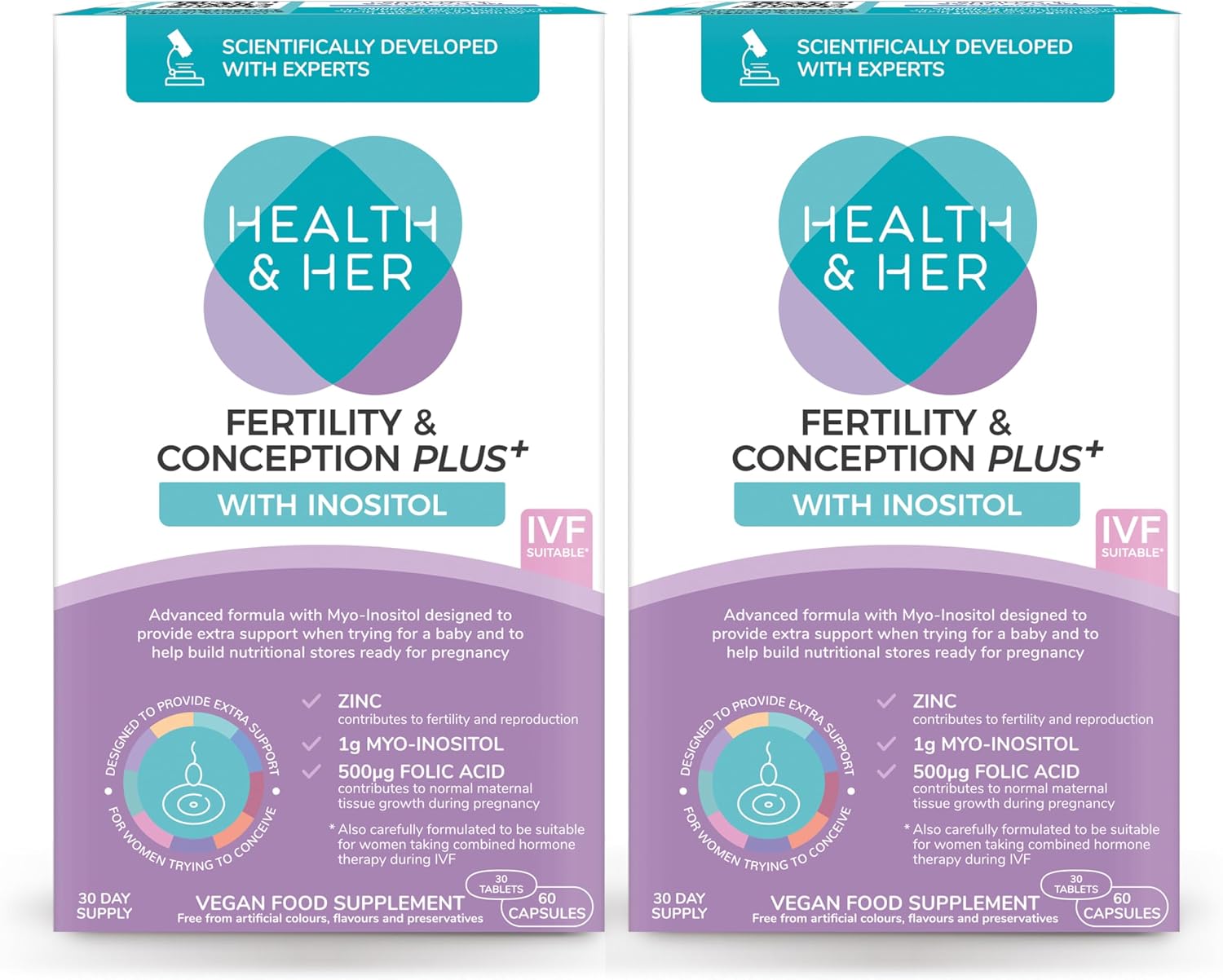 Health & Her Fertility & Conception Plus Prenatal Vitamins, 60 Day Supply | Daily prenatal vitamin for women with Inositol, Folic Acid, Selenium, B12, Zinc & Magnesium; Vegan, gluten-free; 120 Capsules