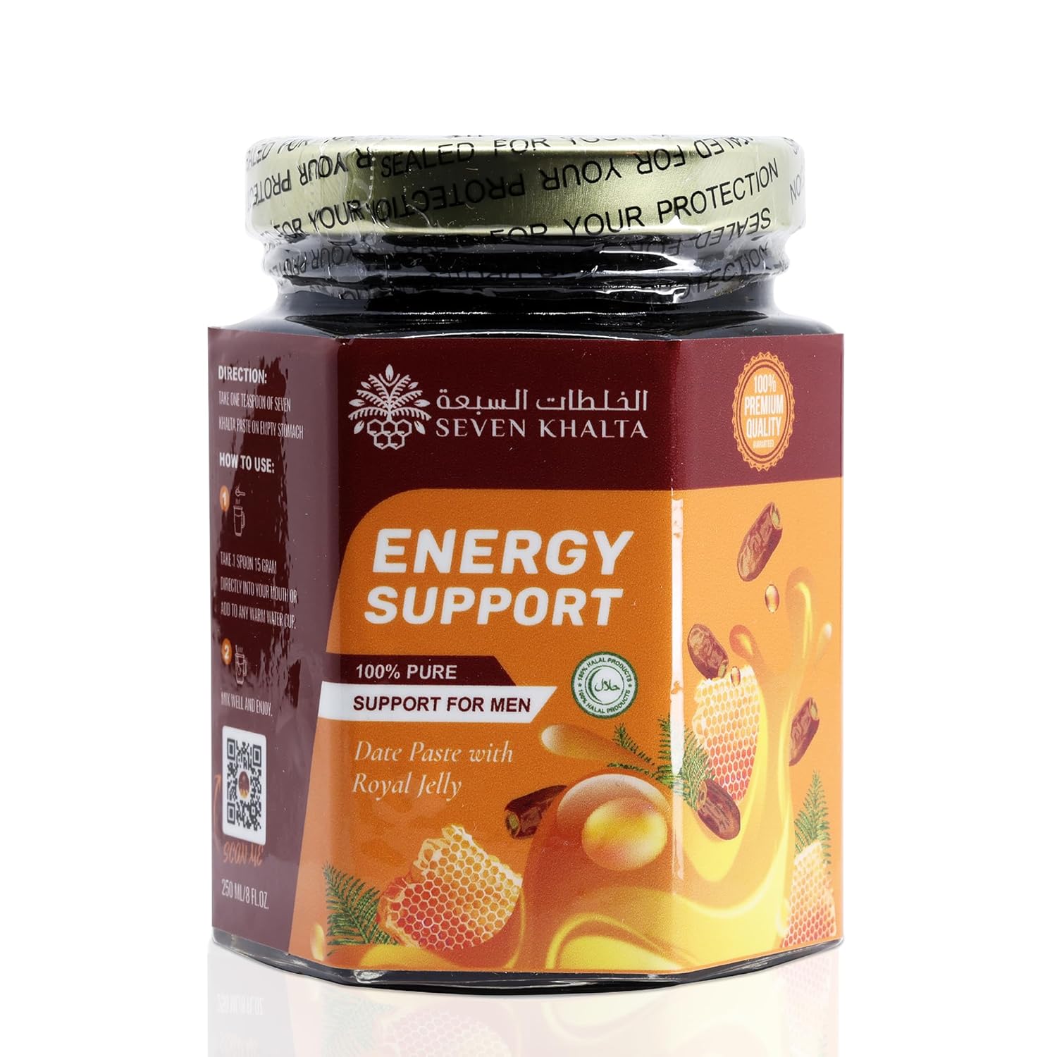 Seven Khalta Energy Support Organic Honey for Men – 8Oz Pure Date Paste with Sidr Honey, Pecan Nuts, Ginger Extract, Black Seed, Royal Jelly – Natural, Halal, Gluten-Free, Delicious and Savory