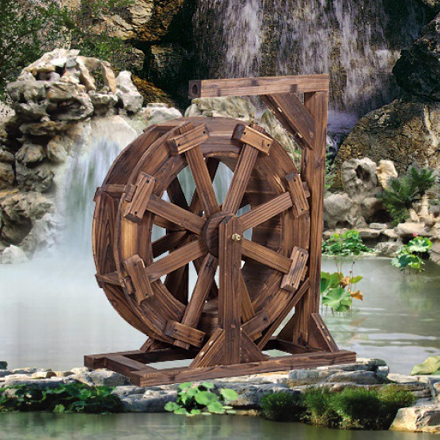 Wooden Water Wheel Fountain with Stand, Outdoor Water Fountains and Waterfalls Decoration, Water Wheel Fountain for Patio Pond Pool, Outdoor Garden Decoration Water Feature, Vintage Rustic Ornamental(