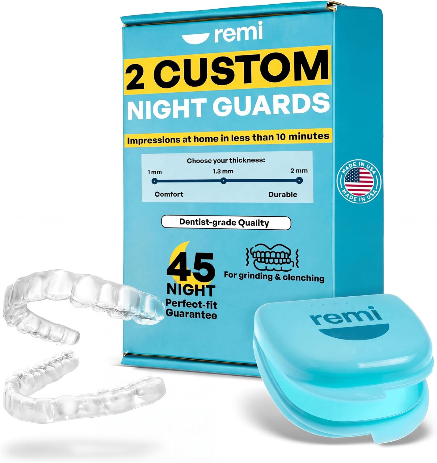 Remi Custom Night Guard Impression Kit | Two (2) Custom-Fit Guards + Case | Night Guards for Teeth Grinding, Mail-In At-Home Custom Dental Molding Kit, Bruxism Night Guard, Sleeping Mouth Guard