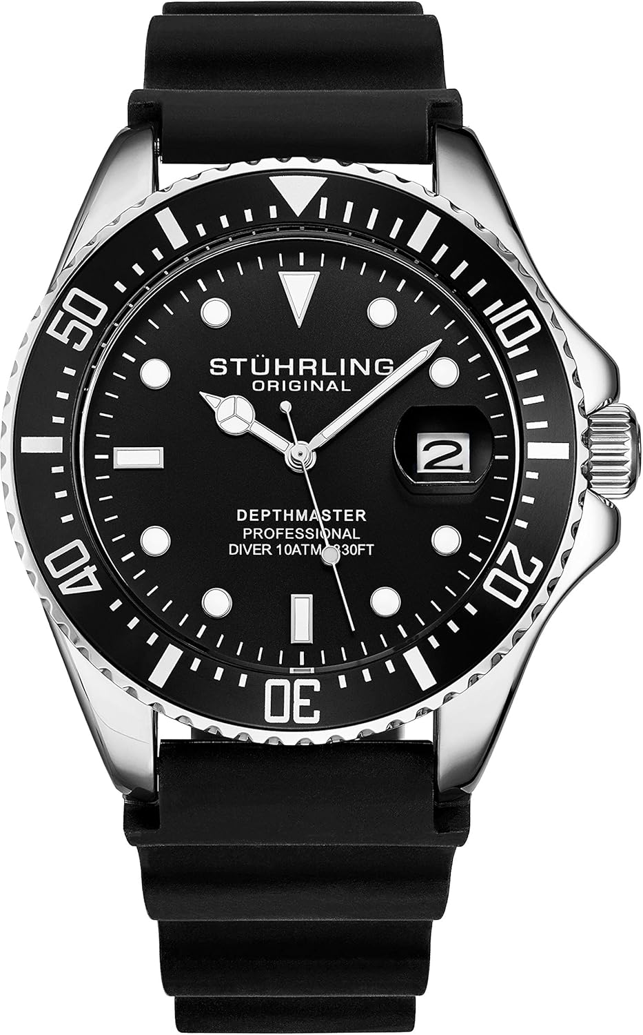 Stuhrling Original Men's Watch Dive Watch Silver 42 MM Case with Screw Down Crown Rubber Strap Water Resistant to 330 FT