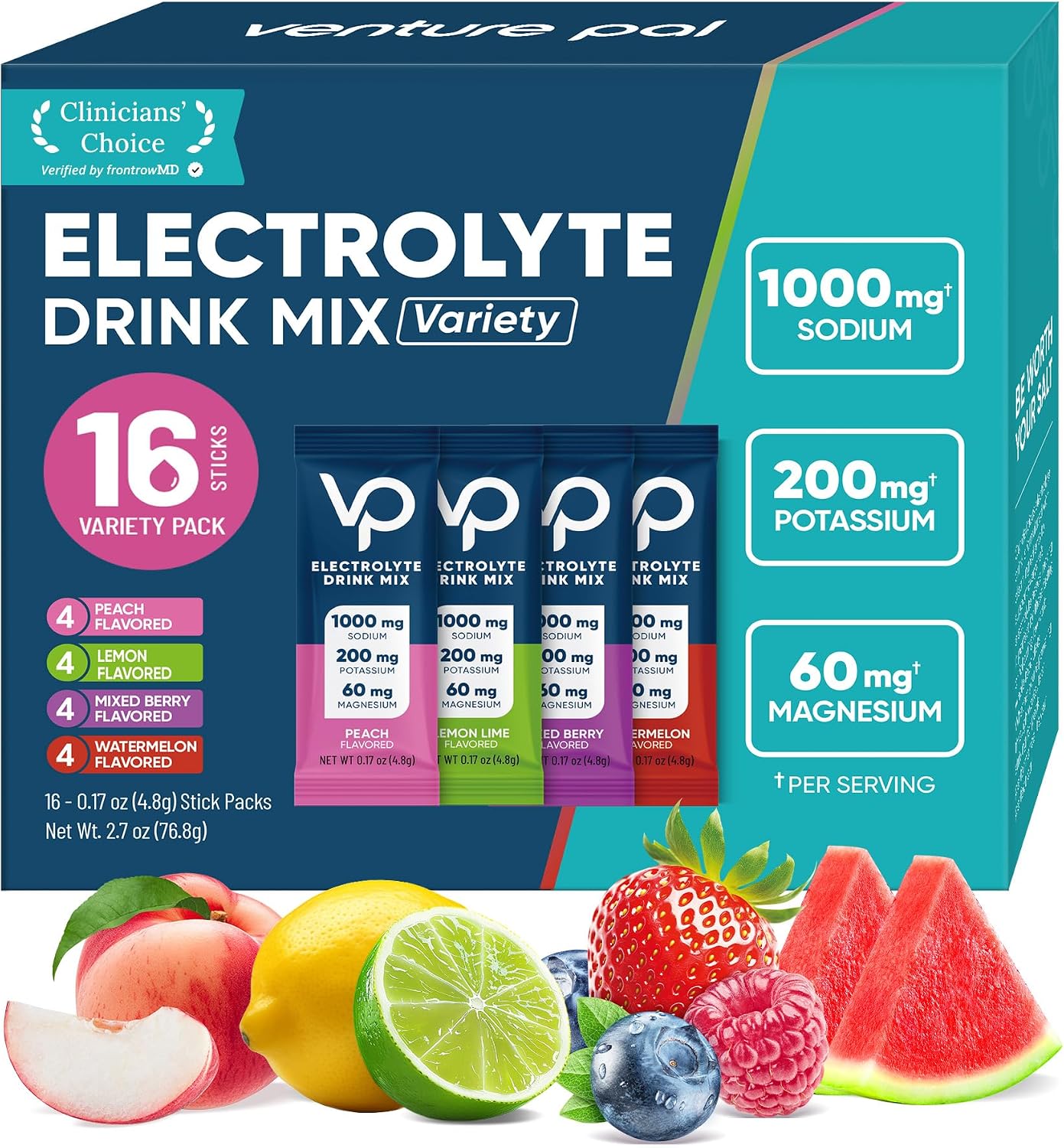 Venture Pal High Sodium Sugar-Free Electrolyte Powder Packets - Hydration Packets with Sodium, Potassium & Magnesium | Zero Calories | Keto, Vegan, and Paleo Friendly | 16 Sticks