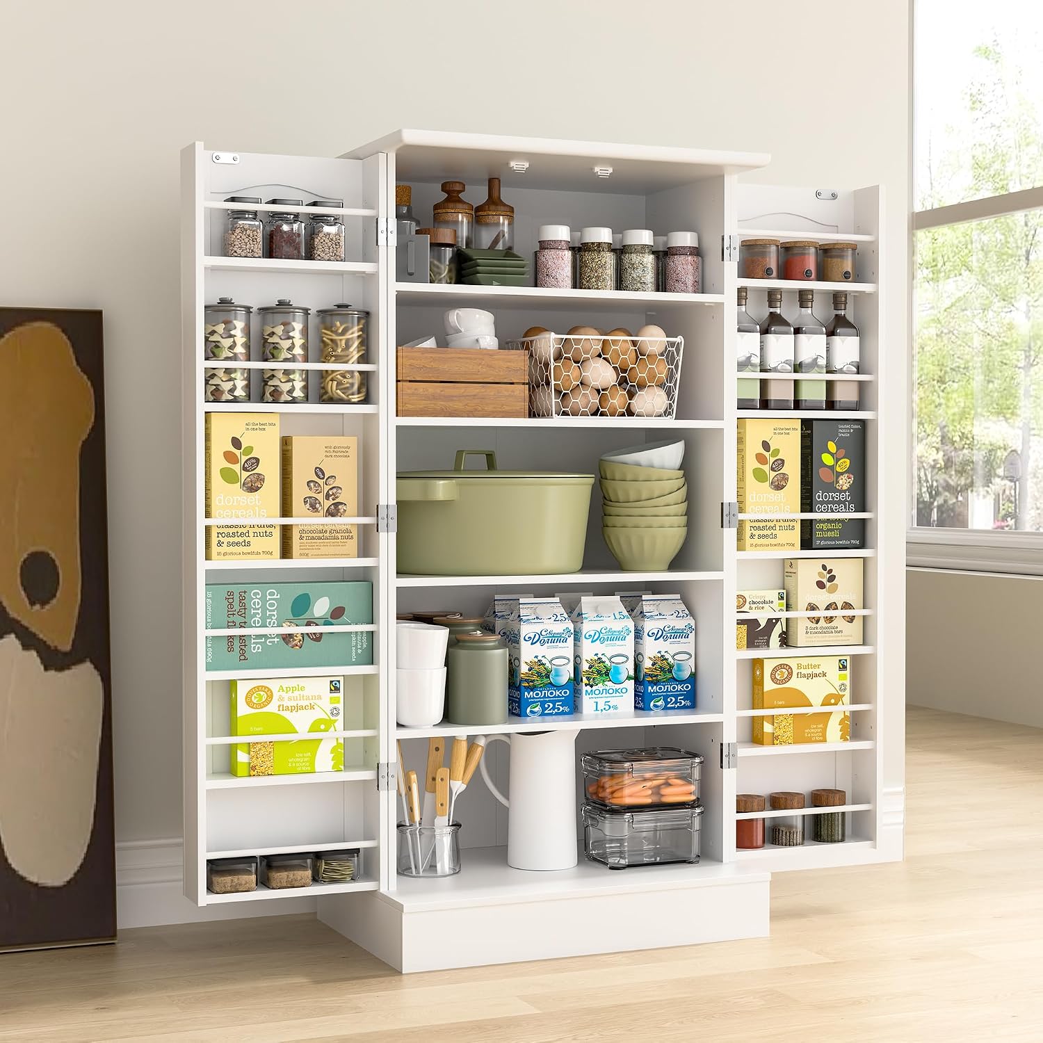 kepptory 47” Pantry Cabinet, Kitchen Pantry Storage Cabinet with Doors and Adjustable Shelves,Freestanding Buffet Cupboards Sideboard for Living Room and Dinning Room (White)