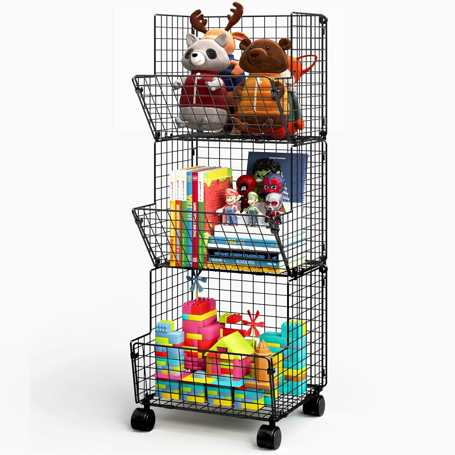 3 Tier Rolling Wire Toy Organizer Basket - with Wheel, S-Hooks, Adjustable Chalkboards - Toy Storage Cart Wall Bookshelf for Kids Room, Playroom, Bedroom