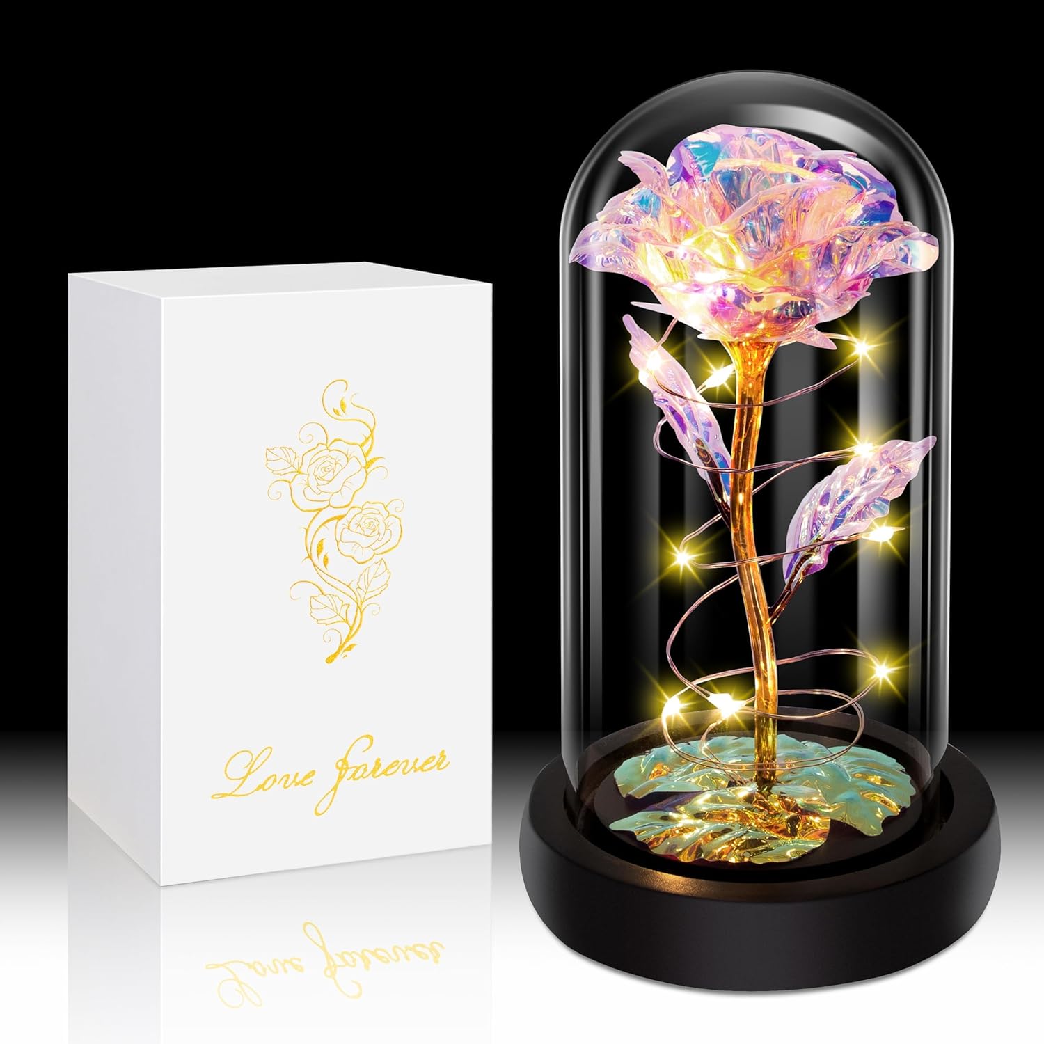 Birthday Gifts for Women,Christmas Rose Gifts for Women,Womens Glass Rose Gifts,Light Up Rose Flowers in Glass Dome,Colorful Rainbow Flower Rose Mom Gifts for Her,Wife,Thanksgiving,Anniversary