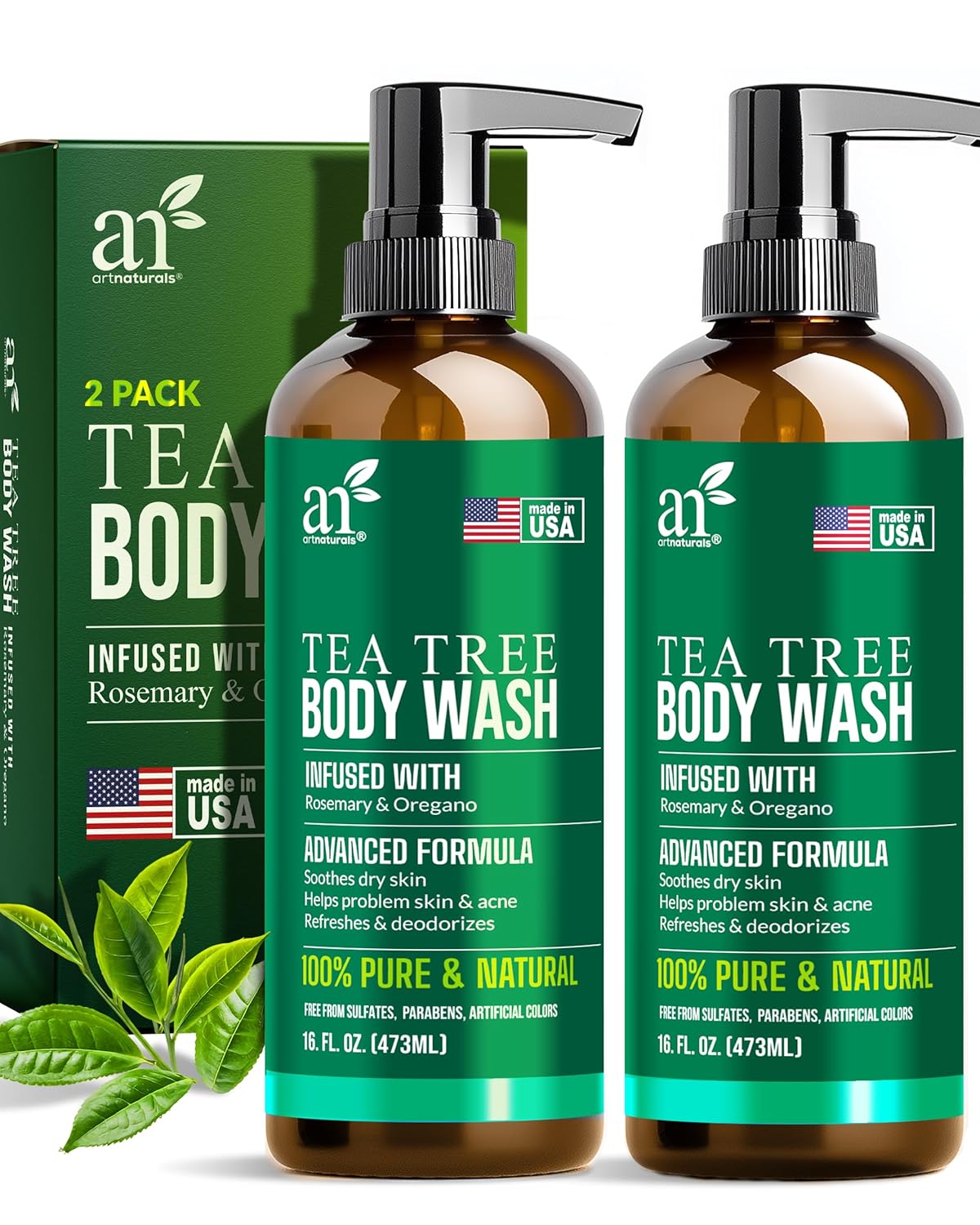 Antibacterial Tea Tree Oil Body Wash For Men & Women Remedy Soap Extra Strength - Helps Treat Acne, Athletes foot, Eczema, Toenail Fungus & Jock Itch & Ringworm (16 Fl Oz (Pack of 2)