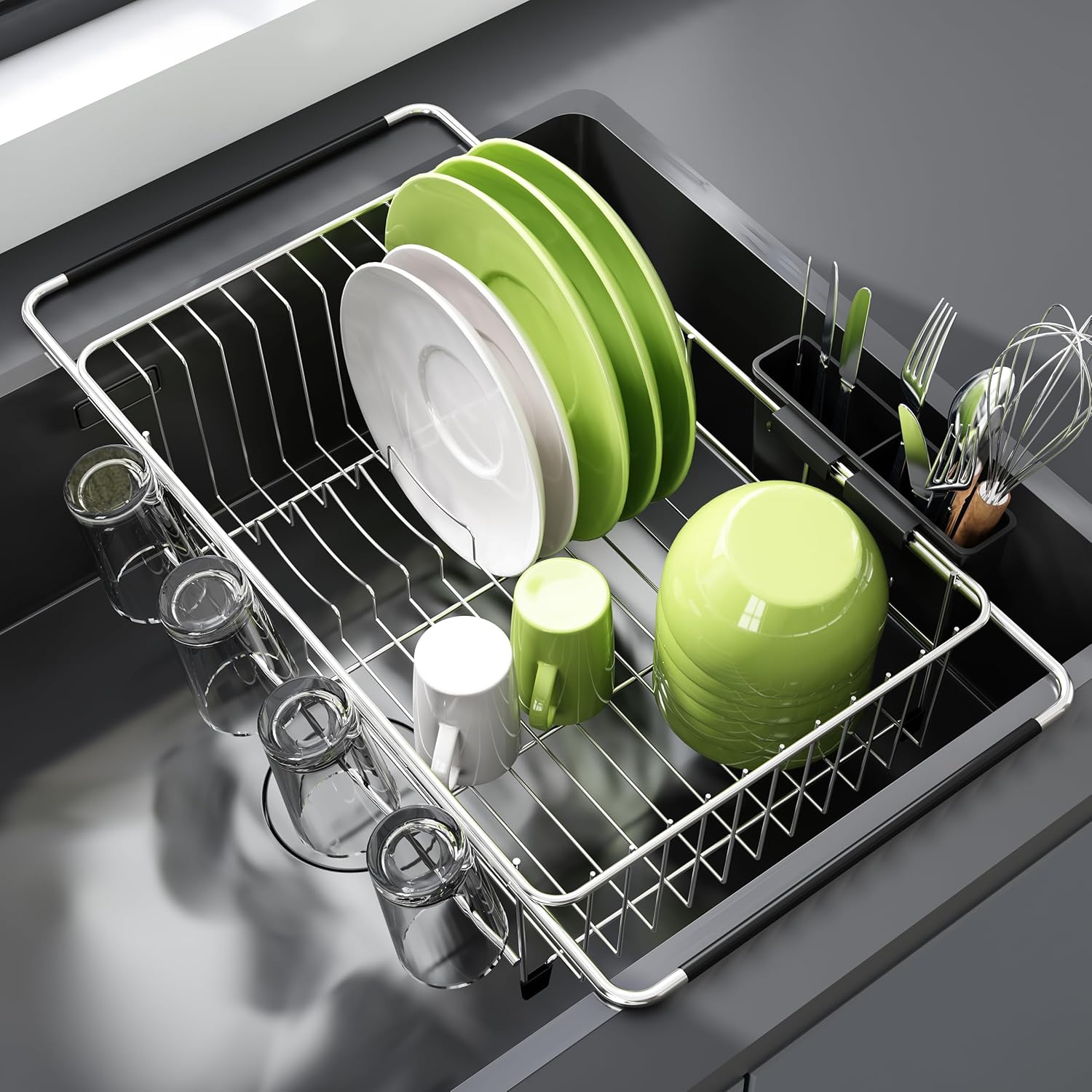 Dish Drying Rack in Sink - Expandable Stainless Steel Dish Drainers for Kitchen Counter, Dish Dryer Rack for Inside Sink, Over The Sink Dish Racks with Utensil Holder, Sink Colander, Silver