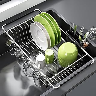 Dish Drying Rack in Sink - Expandable Stainless Steel Dish Drainers for Kitchen Counter, Dish Dryer Rack for Inside Sink, Over The Sink Dish Racks with Utensil Holder, Sink Colander, Silver