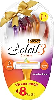 BIC Soleil SMOOTH COLORS Disposable Razors for Women Sensitive Skin Razor With Aloe Vera and Vitamin E Lubricating Strip and 3 Blades, 8 Piece Razor Set