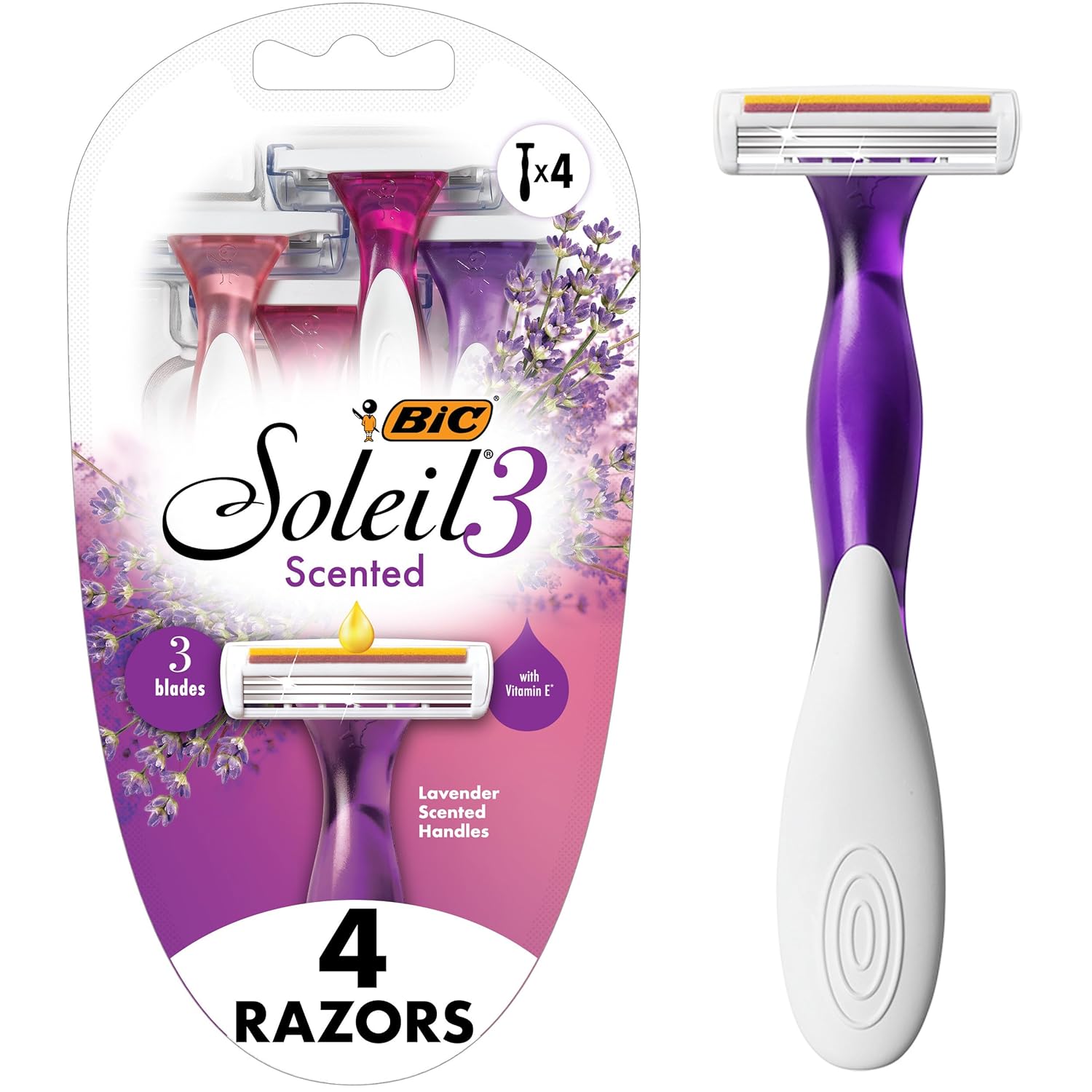 BIC Soleil Smooth Scented Women’s Disposable Razor, 3 Blades, Moisture Strip For a Silky Shave, 4 Piece Razor Set
