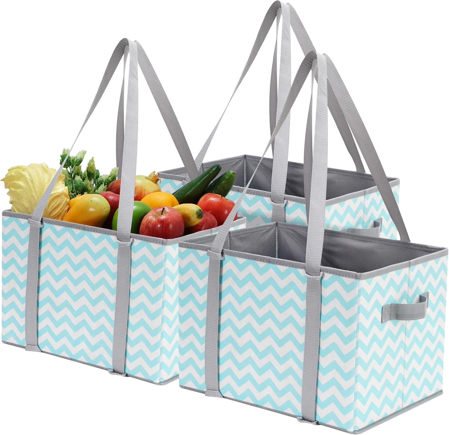 STORAGE MANIAC Reusable Grocery Bags, Foldable Heavy Duty Reusable Shopping Bags, Collapsible Large Grocery Storage Bins with Reinforced Bottom&Handles, Space Saving Shelf baskets, 3 Pack, Blue Wave