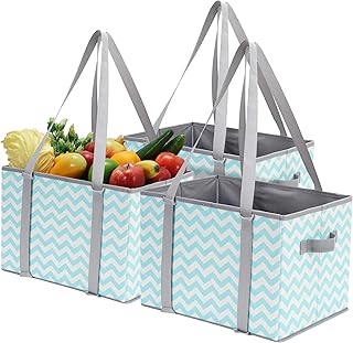 STORAGE MANIAC Reusable Grocery Bags, Foldable Heavy Duty Reusable Shopping Bags, Collapsible Large Grocery Storage Bins with Reinforced Bottom&Handles, Space Saving Shelf baskets, 3 Pack, Blue Wave